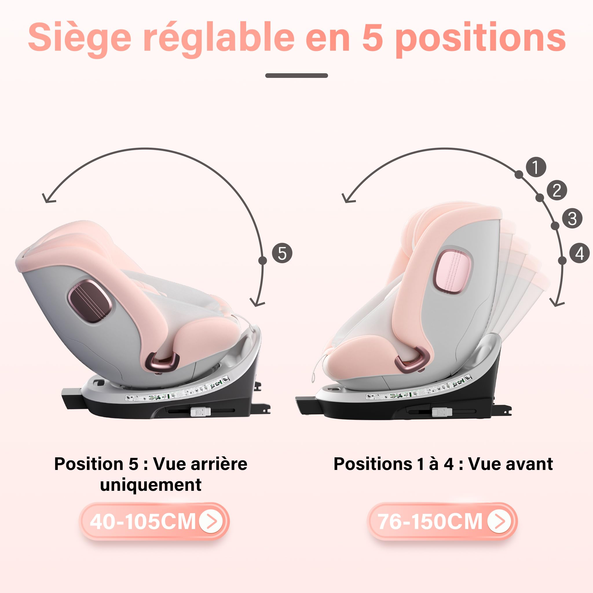 DEWINNER Siège Auto Bébé 0 à 36kg ISOFIX - Siege Auto Pivotant 360°,I-Size Group 0+1/2/3 (40-150cm),Harnais 5 Points Sièges Auto,RWF,FWF,Appui-Tête Réglable,Toit Anti-UV+Pied de Support,ECER129 - Pink