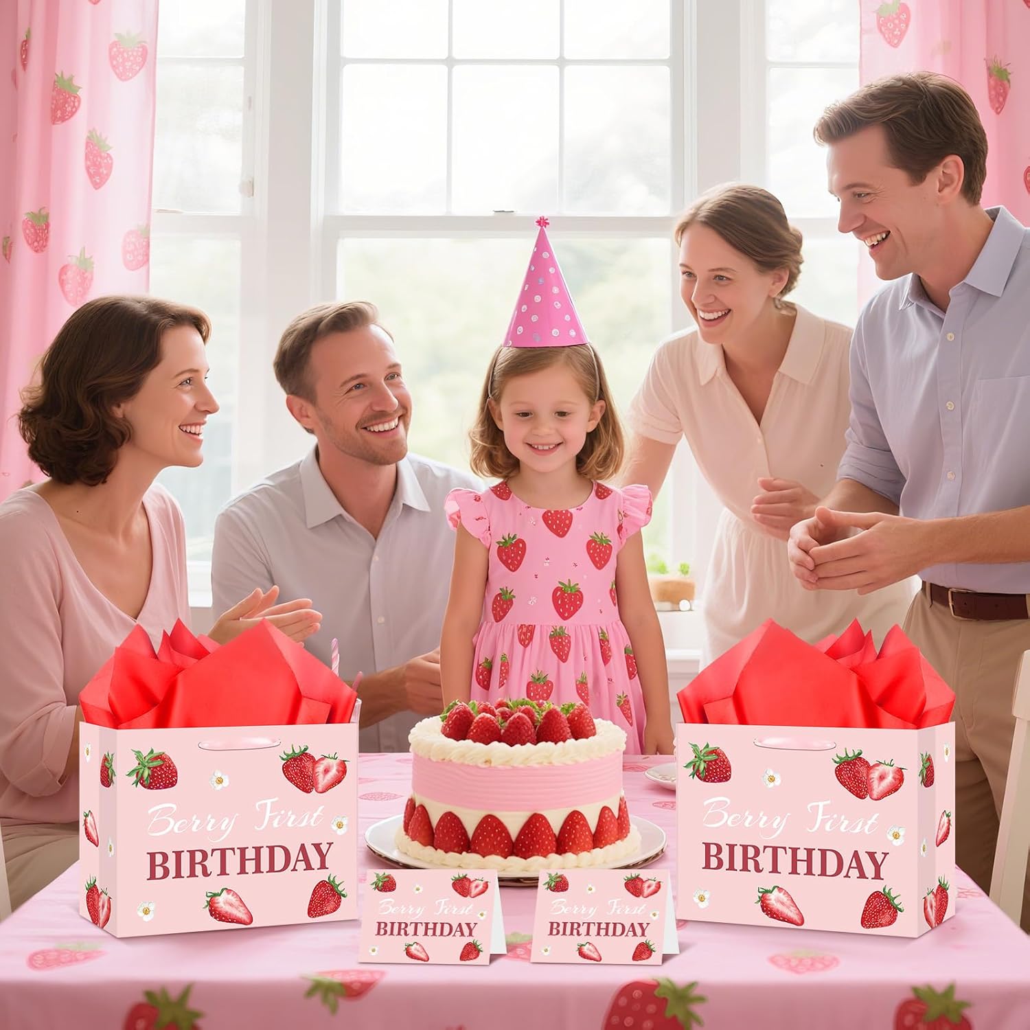 Strawberry 1st Birthday Gift Bag for Baby Girl Berry First Birthday Decorations Pink Sweet One Gift Wrapping Bag with Tissue Paper Greeting Card for Strawberry Theme Baby Shower Bday Party Supplies - Image 4