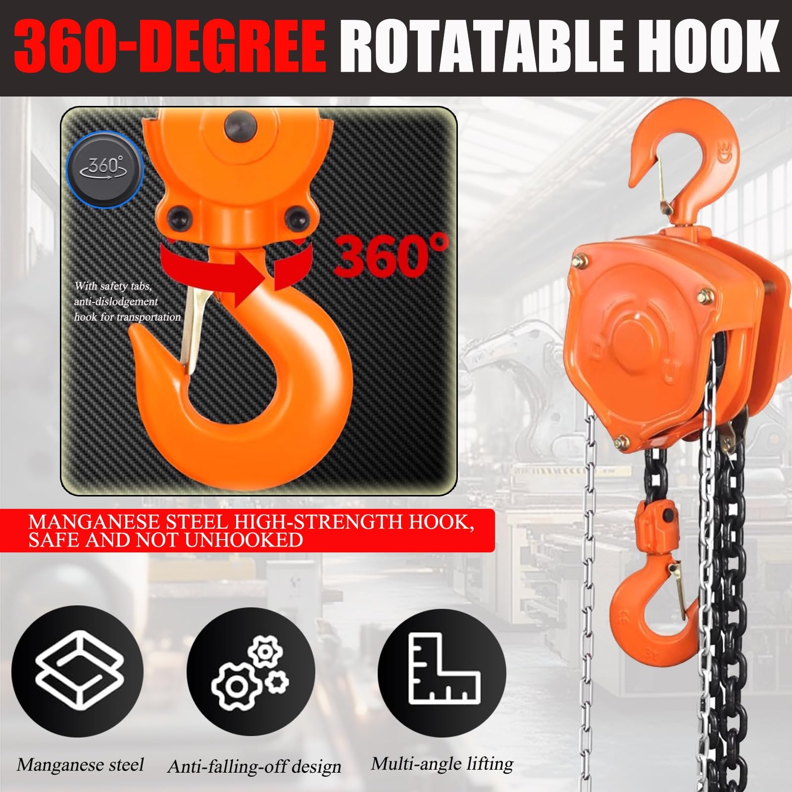 Paranco a catena a mano con freno a doppia ganasca, gancio girevole a 360 gradi, acciaio al manganese G80, ideale per magazzini e macchinari, soluzione di sollevamento resistente