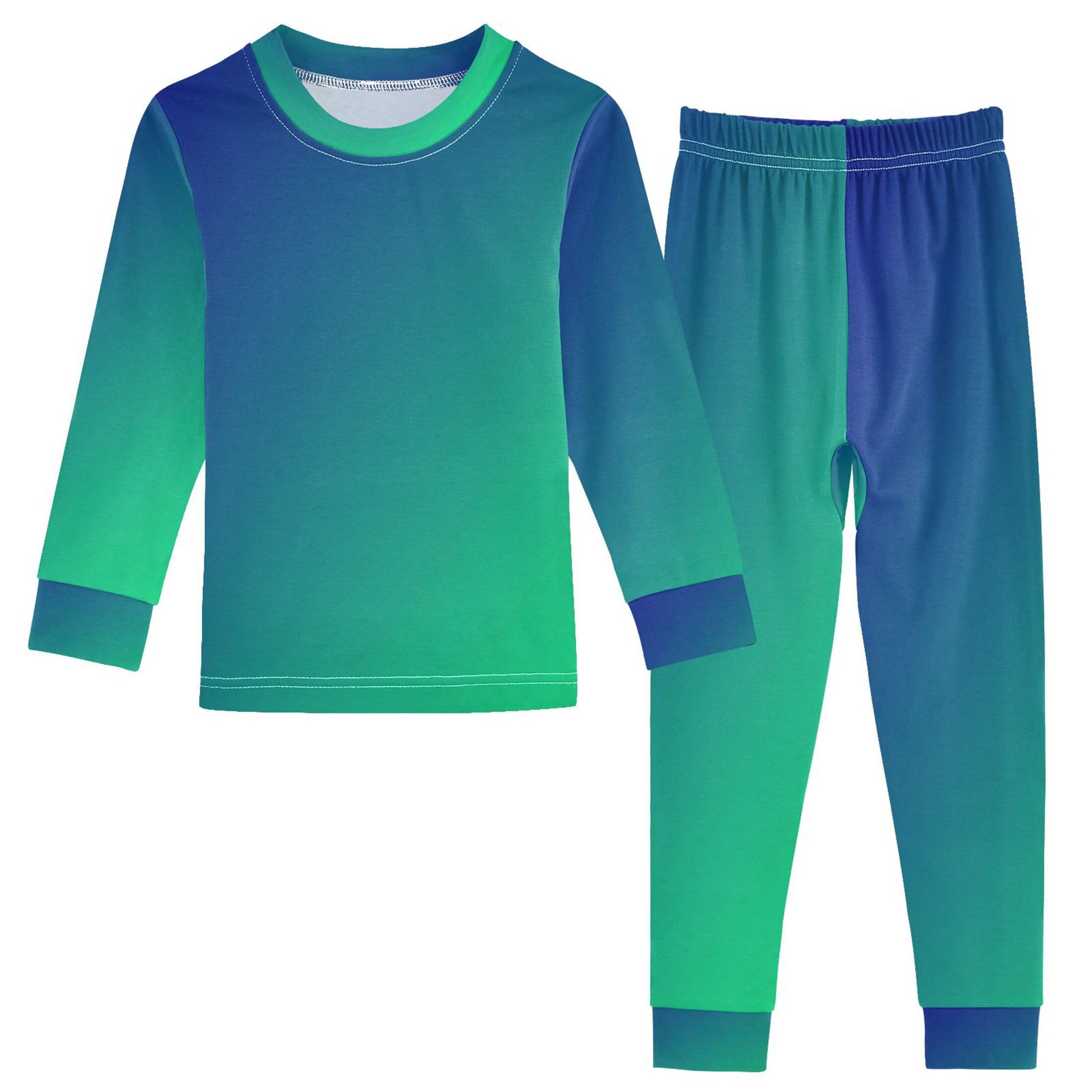 Dark Blue Green Long Sleeve Pajamas Set Sleepwear Jammies 2pcs Set Pjs Dark Blue Green 02