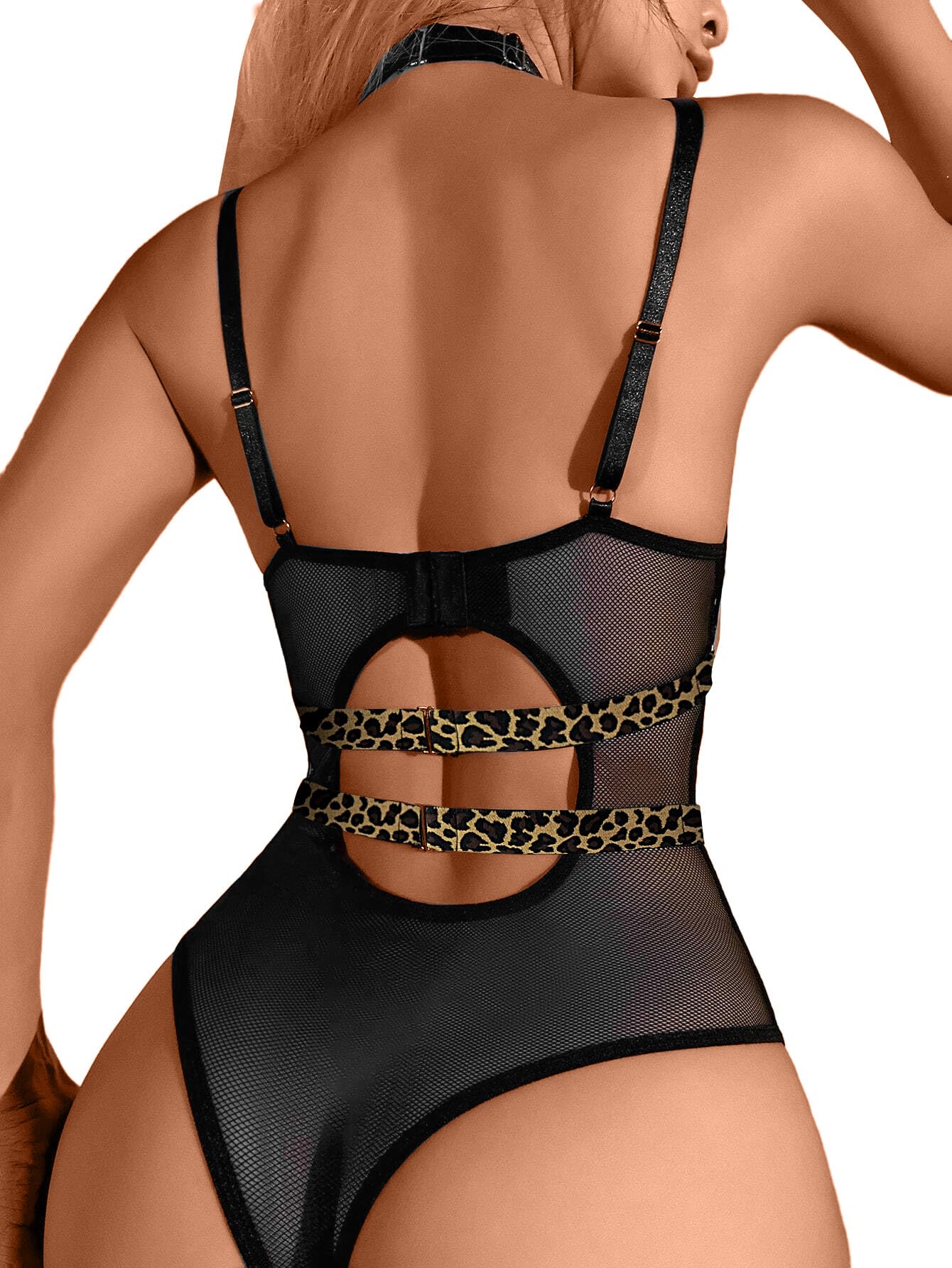 Lilosy Sexy Crisscross Choker Leather Underwire Push Up Mesh Sheer Babydoll Women Harness Teddy Bodysuit Nightgown Nightshirt One Piece Pu Latex Black Small: Regular XX-Large Leopard