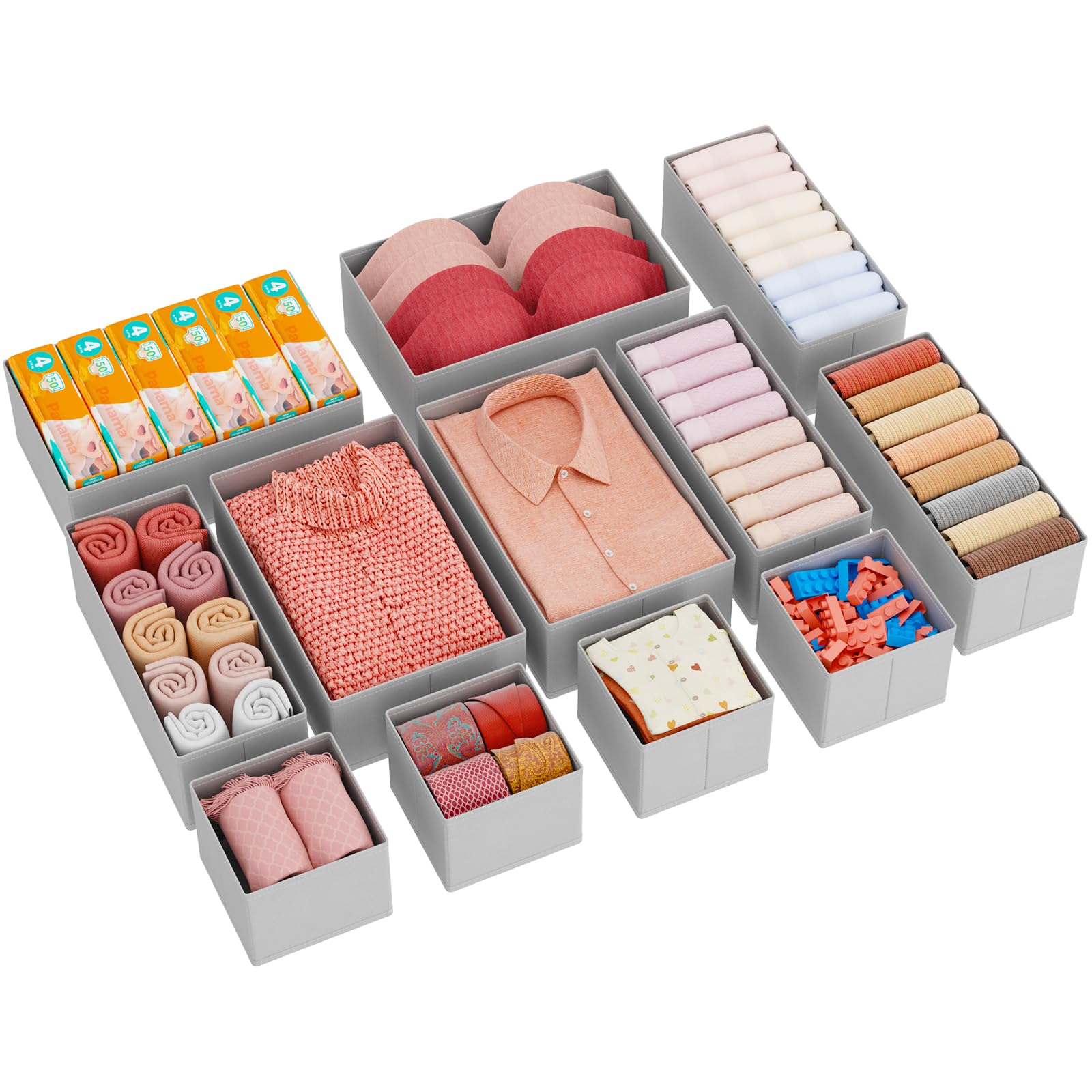 Lifewit 12 Piezas Organizador Cajones de Plegable, Almacenaje Ropa Interior para Armario Vestidor Dormitorio Estantes, Caja Almacenamiento para Separador Calcetines/Corbatas/Cinturones, Gris Claro