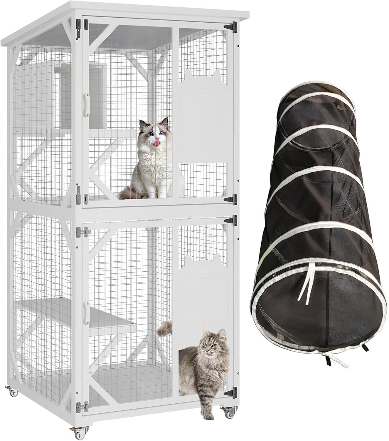 ROOMTEC Catio Outdoor Cat Enclosure with Portable Cats Tunnel, Napping House & Waterproof Roof, 71" Cats Patio House of Wooden w/Removable Wood Bottom & Easy Clean Layer