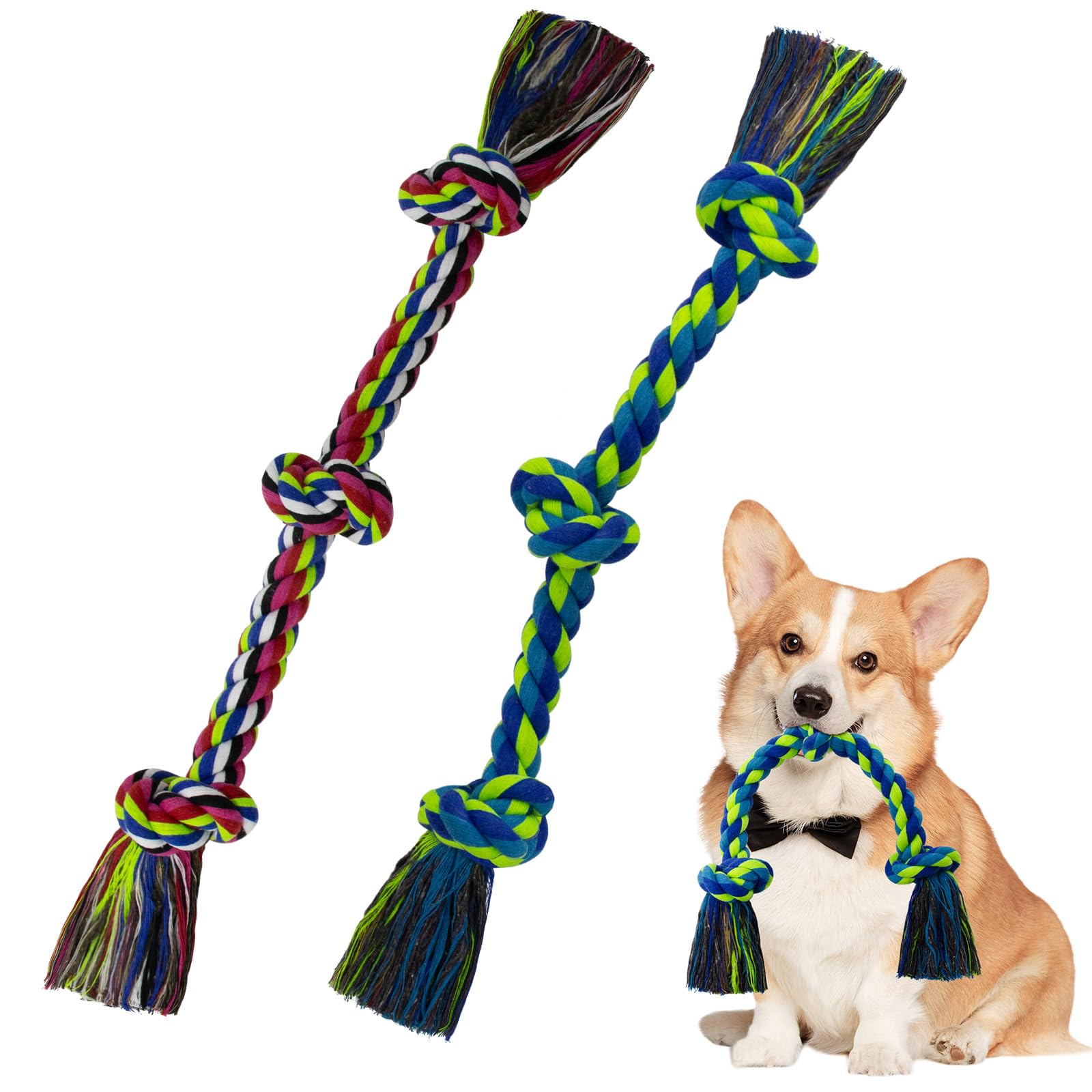 WDZZHOT [2 Pack] Dog Rope Toys, Dog Chew Toy for Medium and Small Dogs, 3 Knots Heavy Duty Puppy Rope Toy, 100% Cotton Tug of War Dog Toys for Boredom