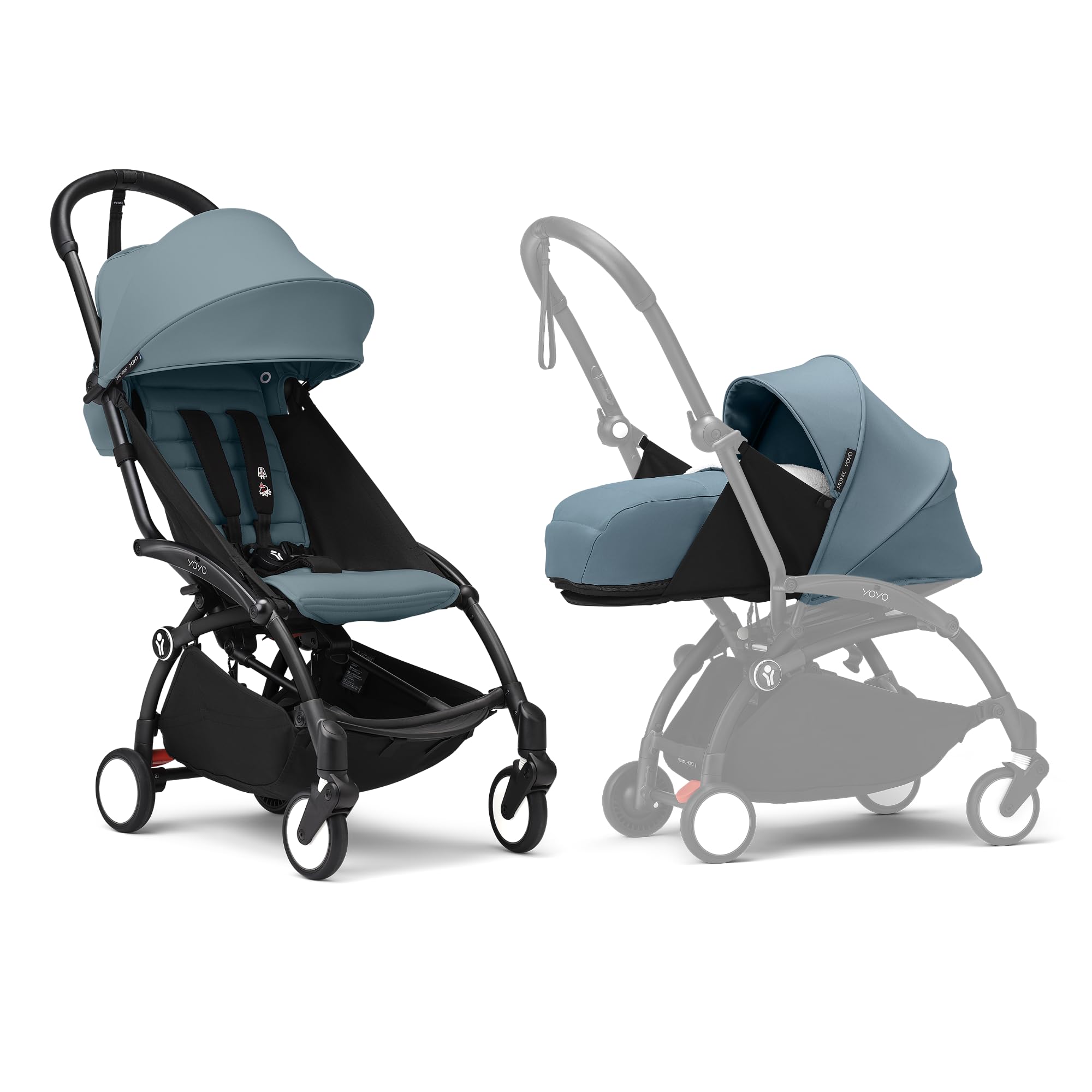 Stokke YOYO3 Poussette avec Pack Nouveau-né et Pack Couleur 6+ (Aqua) Cadre Noir