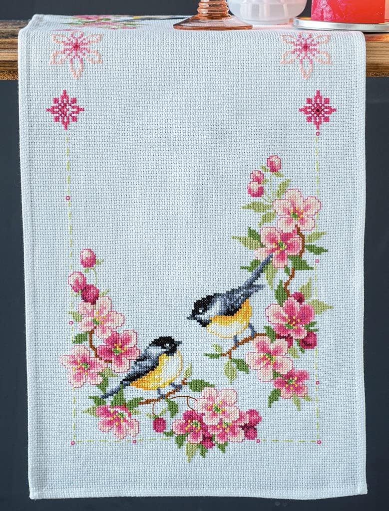 Aida Table Runner Kit Birds and Blossoms