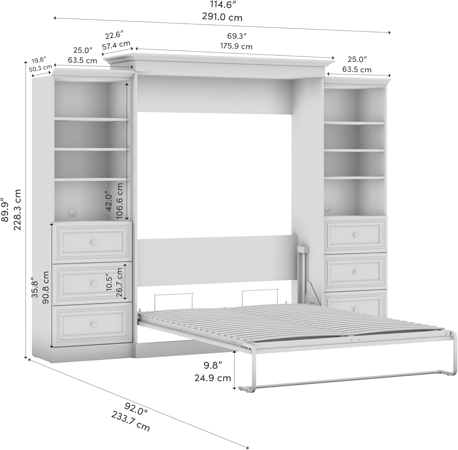 Bestar Versatile Queen Murphy Bed and 2 Closet Organizers with Drawers (115W) in White, Sleeping Arrangement and Wardrobes for Multipurpose Room
