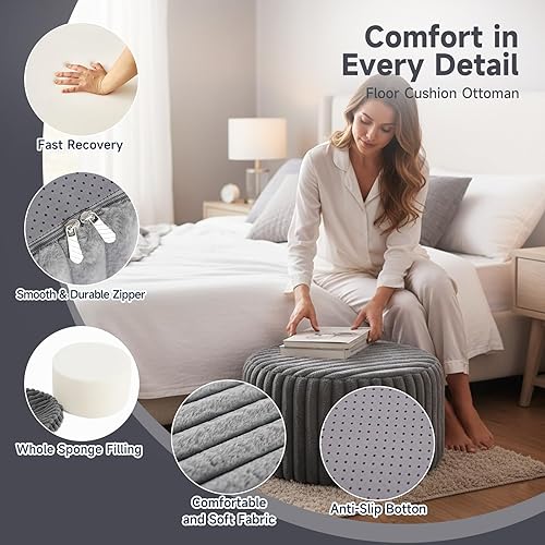 Miniatura 2 de Tiita Puf Otomán Redondo Relleno, Pufs de Piel Sintética a Rayas con Relleno de Trozos de Espuma, Puf Peludo y Esponjoso de 21 x 21 x 12 pulgadas,