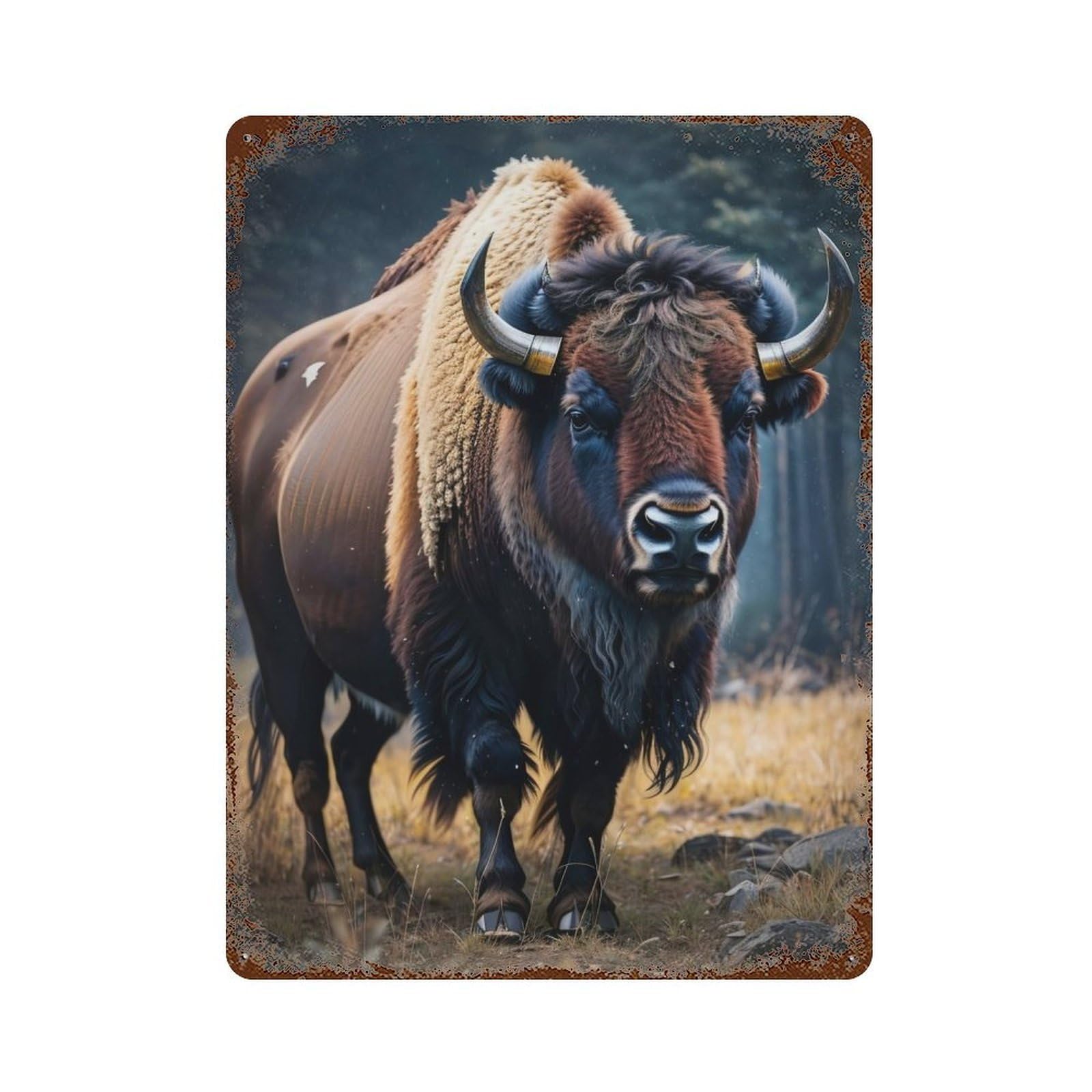 Bison in Forest 15.7"x11.8" Rusty Metal Tin Sign, Shabby Chic Decor for Bistro, Counter And Cafe Decor