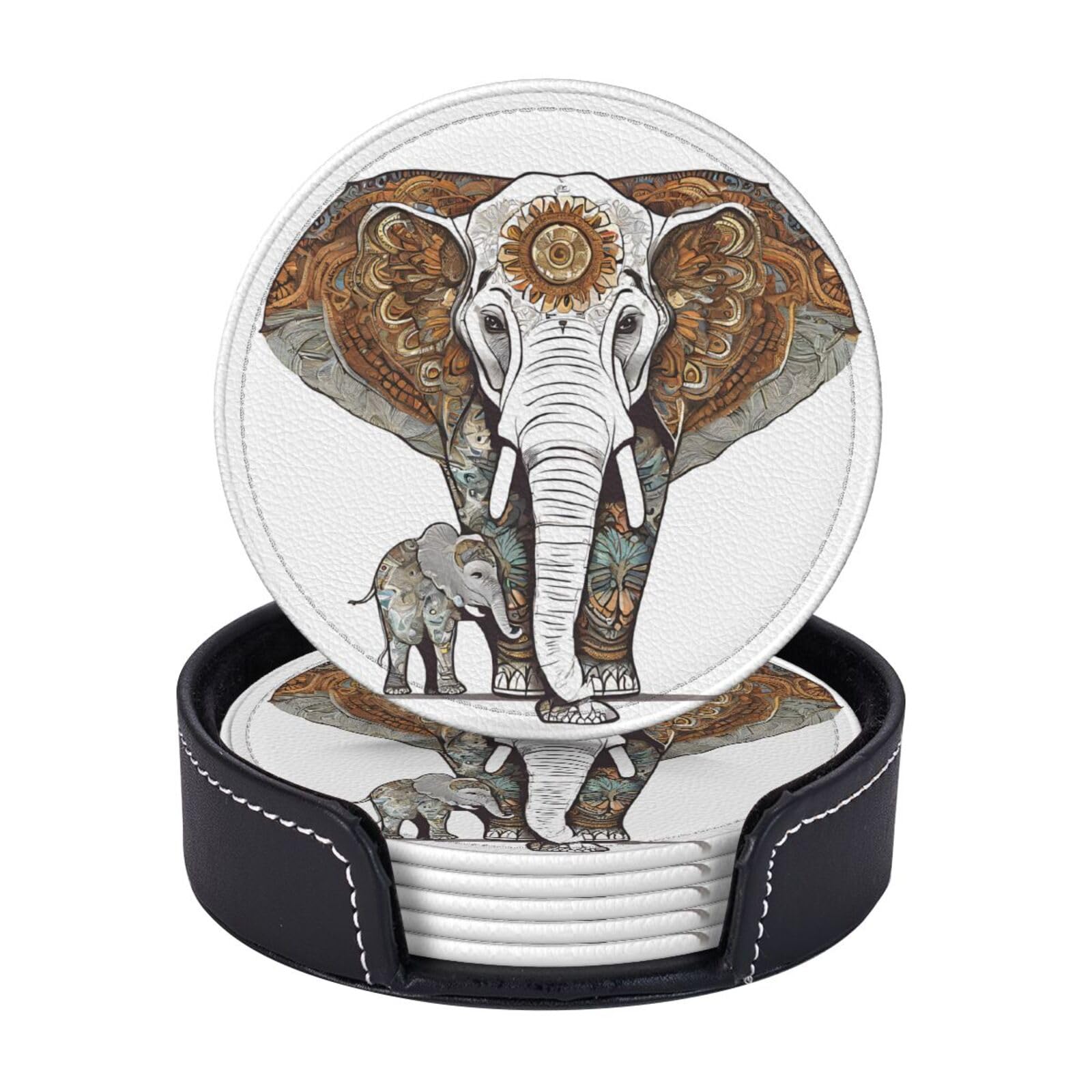 Coasters Set of 6 Microfiber PU leather Coasters with Holders for Drinks Coffee Bar Accessories, House Apartment Coffee Table Decor, Housewarming Gifts - Elephant with art