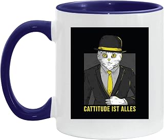 German Cat Gift Black Suit Hat with German Cattitude Caption Gift for Cat Lovers 11oz 15oz Inner Color Accent Mug