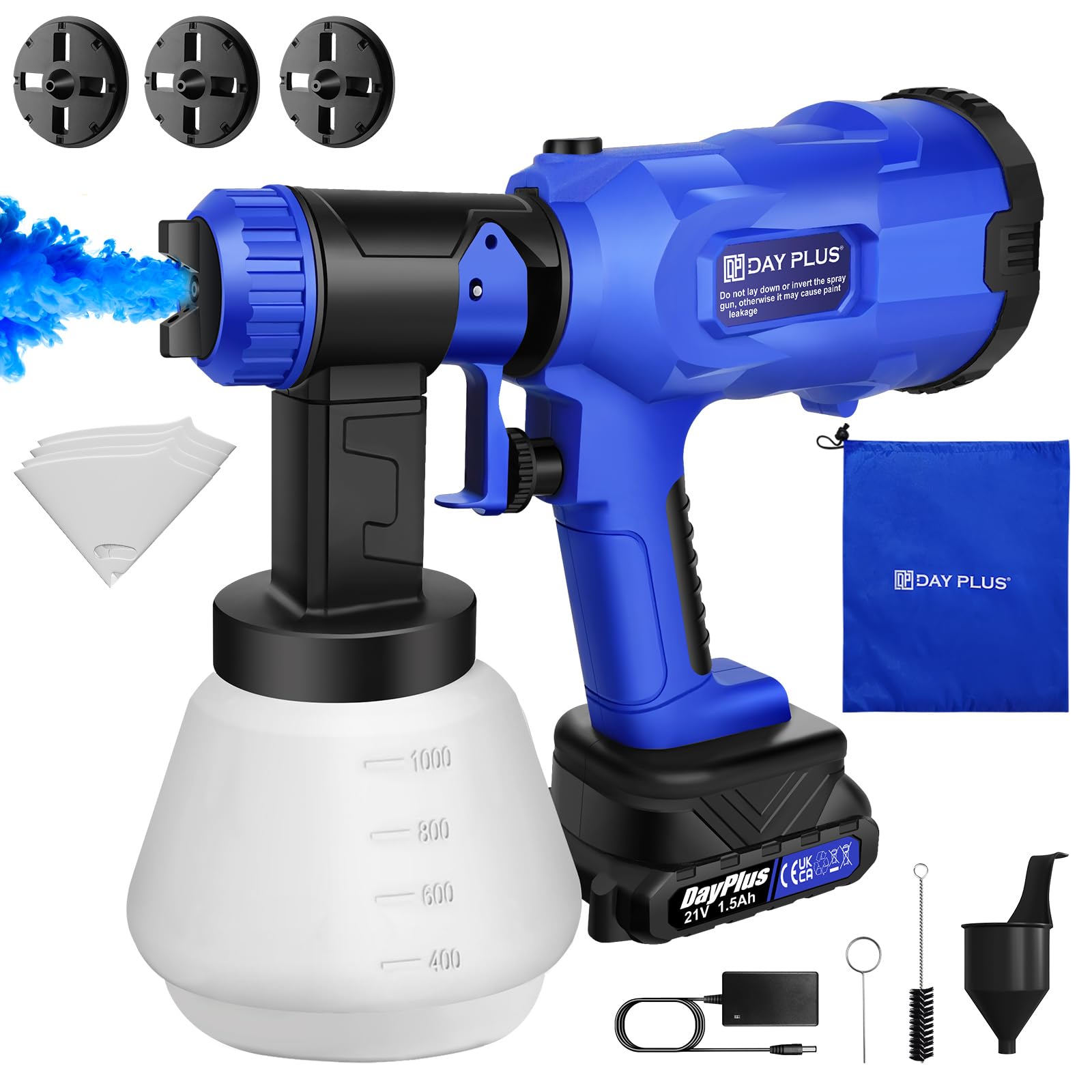 Cordless Paint Sprayer & Battery Airless HVLP Electric Spray Gun Kit Wall Fence with 1500mAh Battery and Charger, 4 Nozzles/3 Patterns, and Adjustable Valve, With gloves
