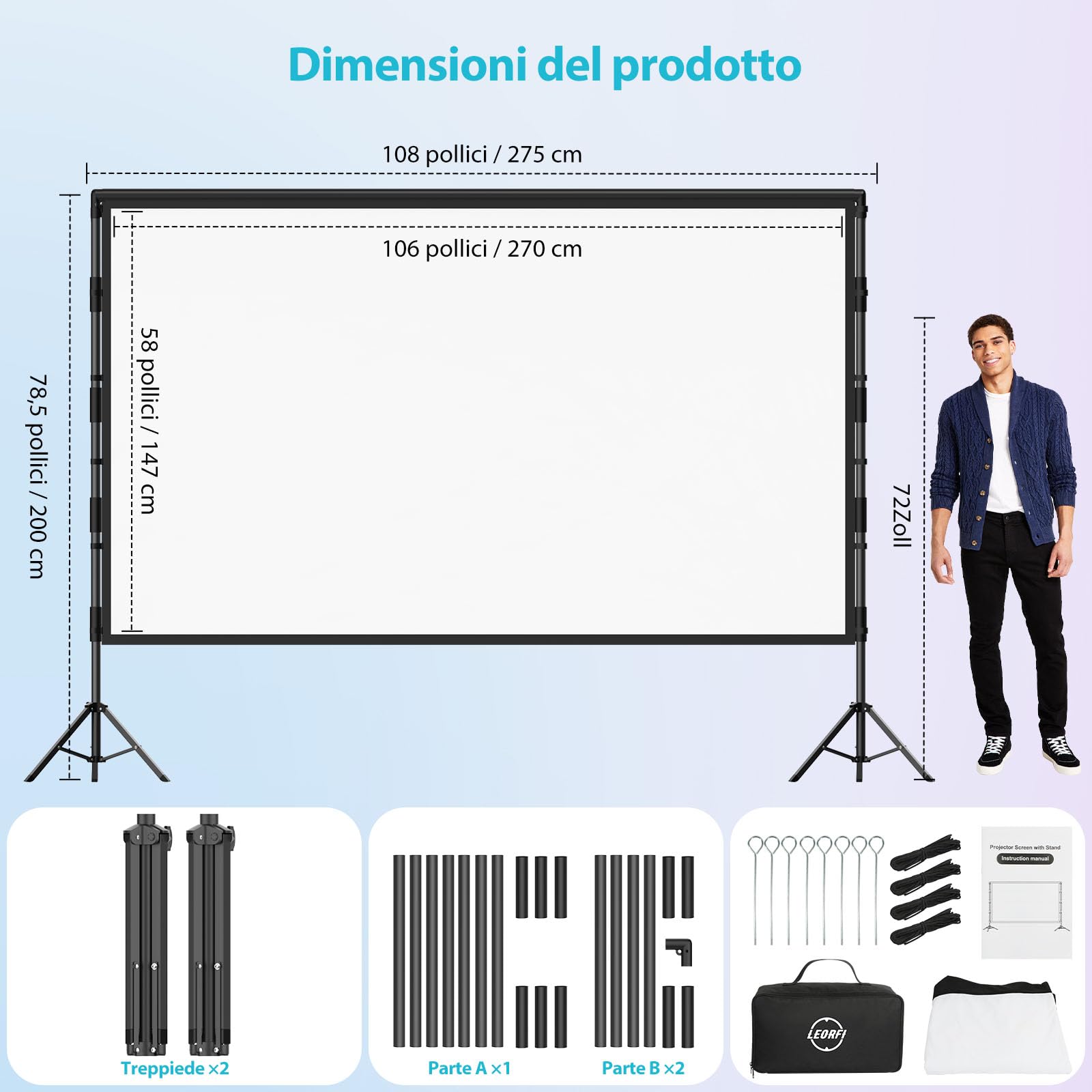 Schermo per Proiettore con Supporto 120 Pollici – LEORFI Schermo Proiezione Portatile Interno Esterno con Retro Nero, 16:9 4K HD, Antipiega, Borsa da Trasporto per Giardino e Home Cinema