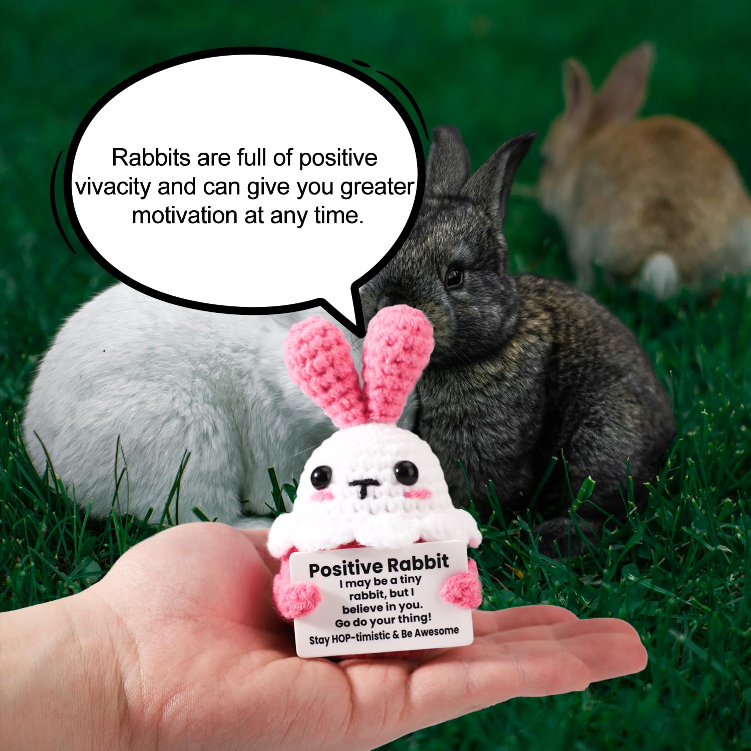 Auony Coniglietto Portafortuna Fatto A Mano All'Uncinetto Con Biglietto Positivo - Regalo Motivazionale Per Pasqua E Compleanni - 3
