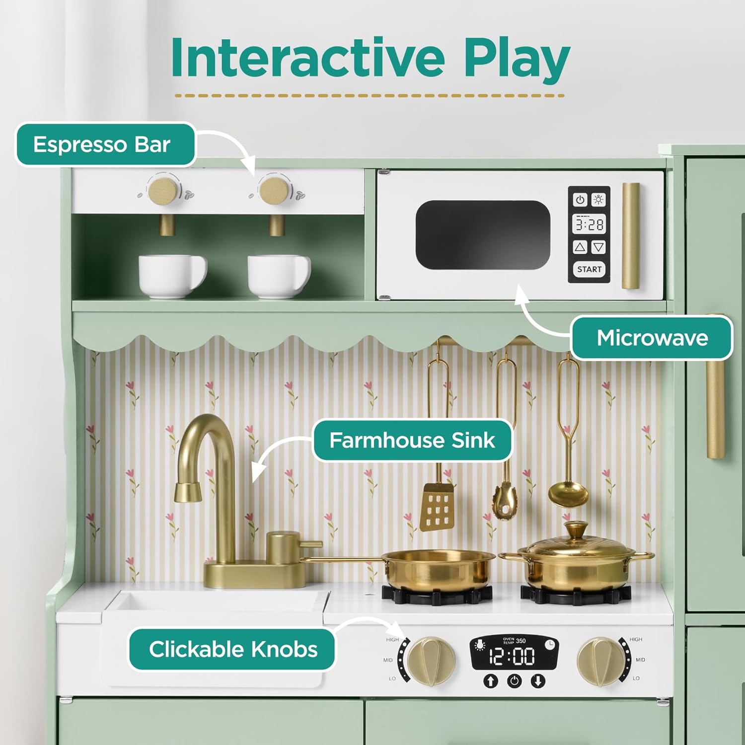 Best Choice Products Play Kitchen for Kids, Cottage Style Kids Kitchen Playset for Toddlers, Pretend Play Toy Kitchen w/ 11Pcs, Espresso Machine, Microwave, Oven, Refrigerator w/Ice - Sage