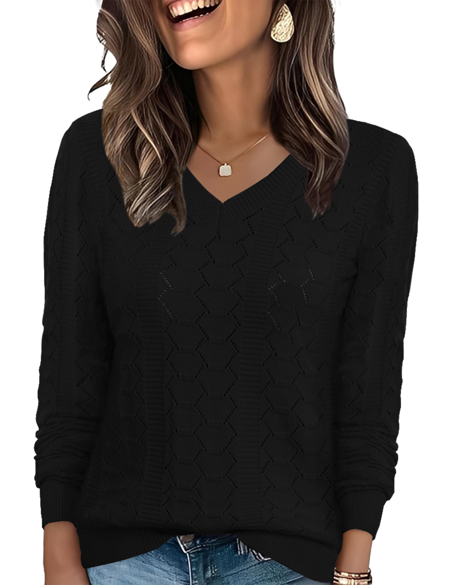 Ivicoer Womens Sweaters V Neck Long Sleeve Pullover Tops Hollow Out Fall Outfits Fashion Clothing 2025