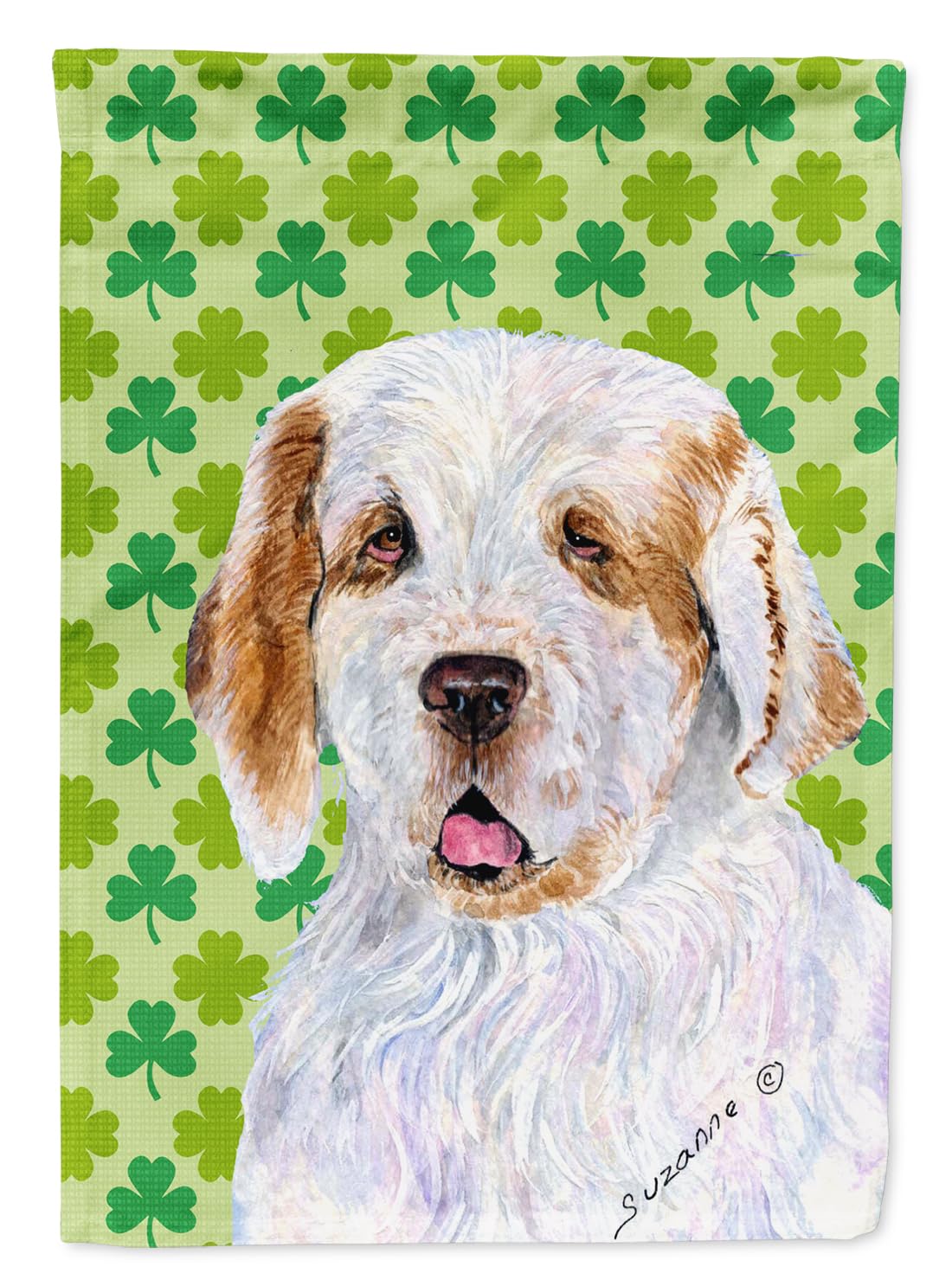 Drapeau clumber spaniel petit format multicolore avec portrait artistique de saint patrick