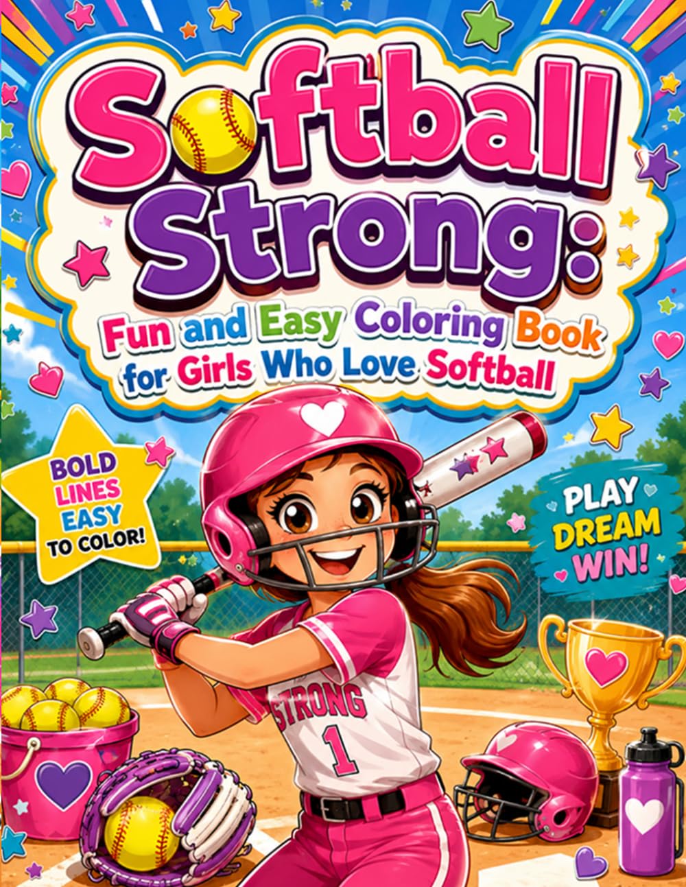 Softball Strong: Fun and Easy Coloring Book for Girls Who Love Softball: Bold and Easy Softball Coloring Pages for Kids Young Athletes and Sports Fans