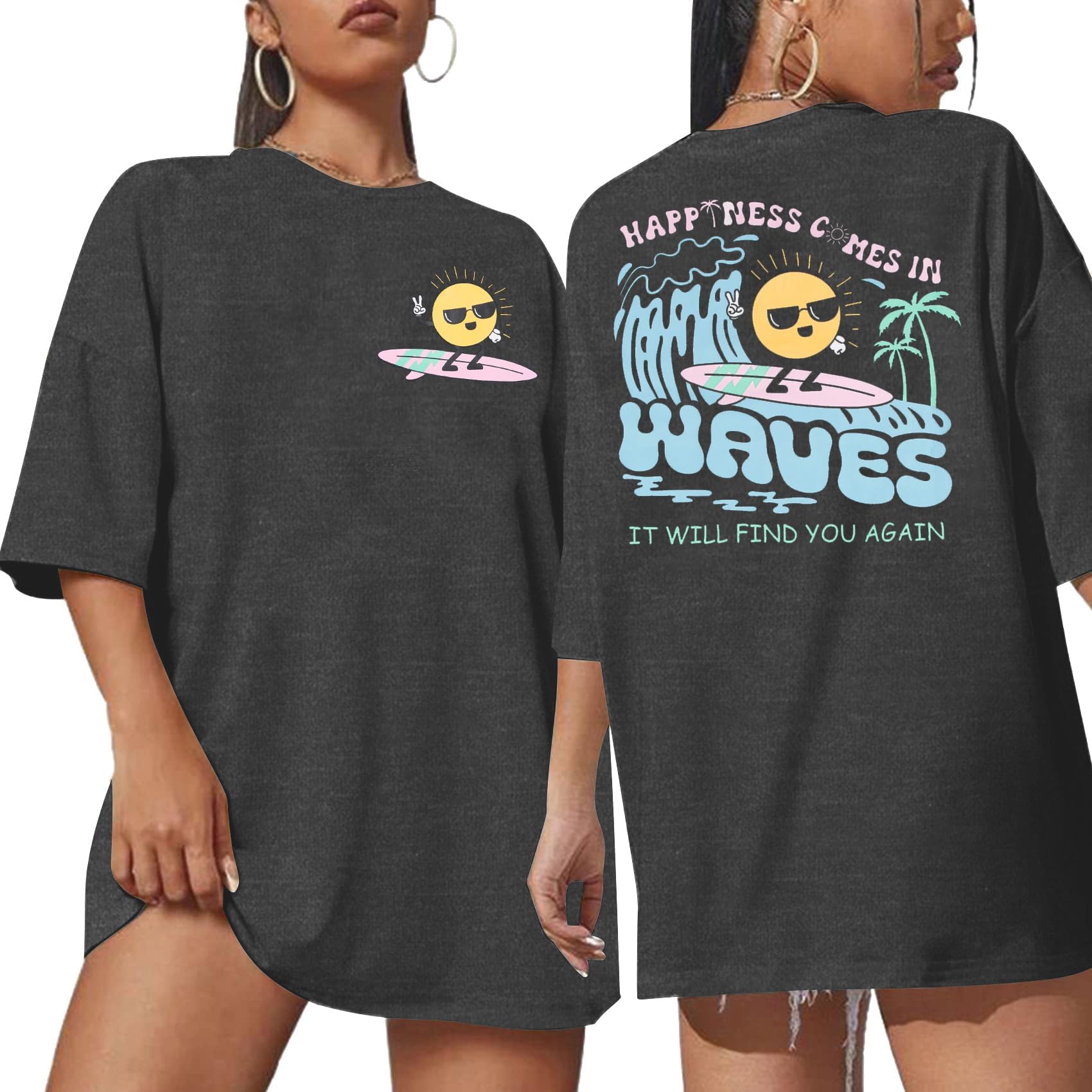 LOTUCYHawaiian Shirts Women Oversized Beach Graphic Tees Summer Hawaii Tropical Beachy Short Sleeve Outfit
