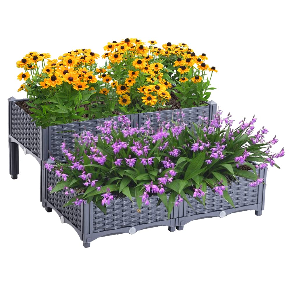 Mingone 4X Blumenkasten Rattan Optik Kunststoff, 40x40, Grau | Wasserspeicher, Balkonkasten, Für Balkon Garten Terrasse