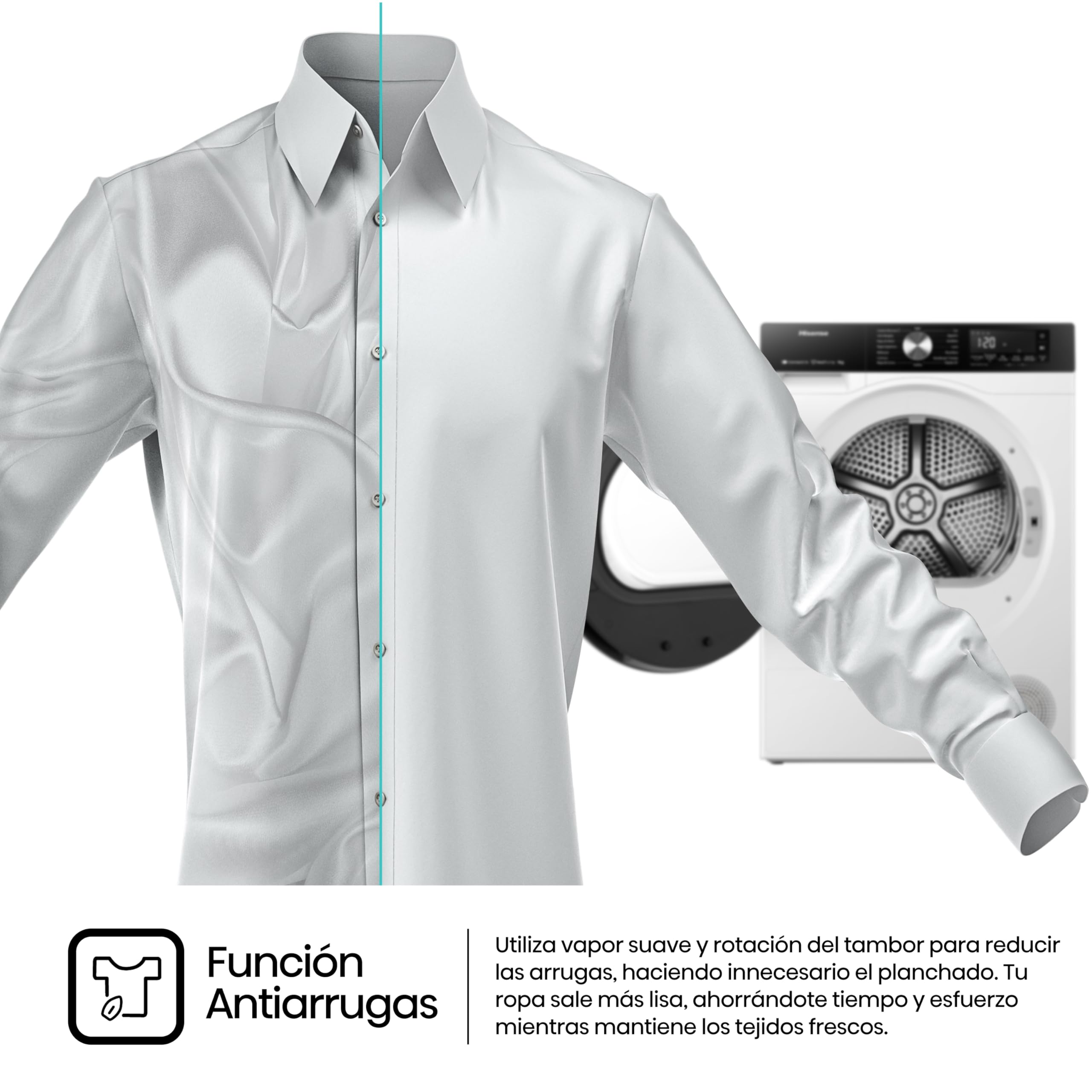 Hisense DH3S902BWCC - Secadora 9Kg, Clase C, Fondo 59cm, Secado Automático, Secado Rápido 30', Smart Pair, Antiarrugas, Bomba de Calor, Allergy Care, Blanco