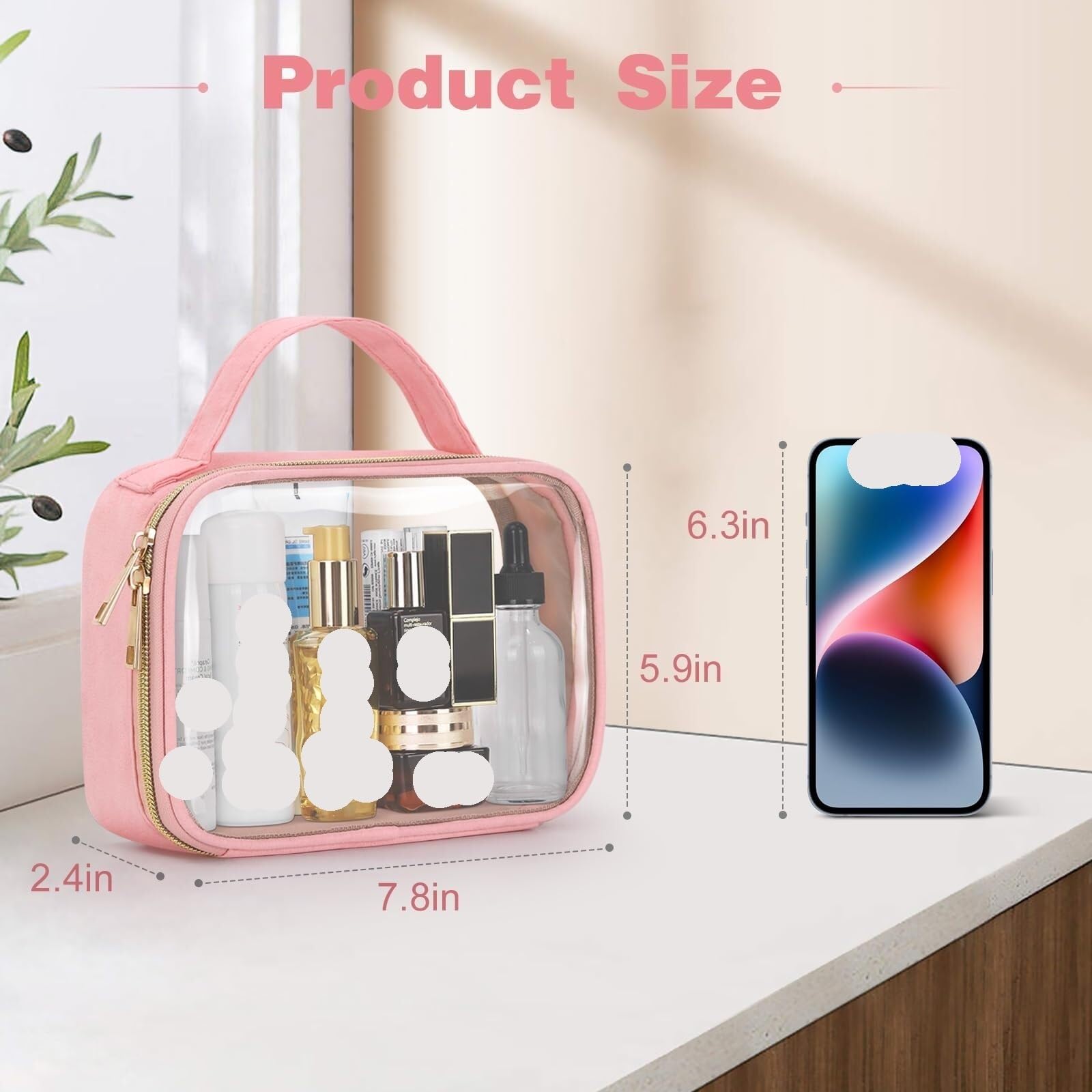 Porta Trucchi Pochette Trucchi Borsa Da Toilette Borsa Cosmetica Trasparente Con Manico Borsa Da Toilette Trasparente Trousse Trucchi Donna(Pink,20cm-2)