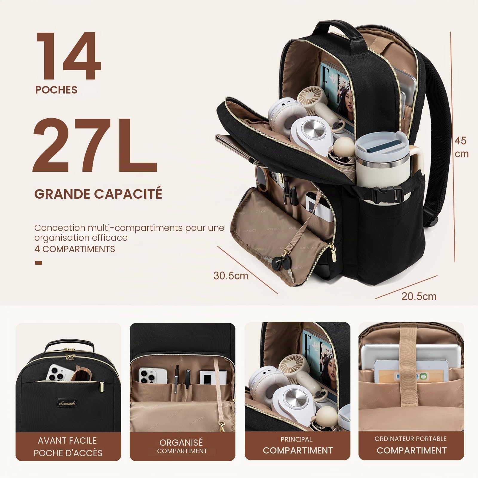 LOVEVOOK Sac à dos pour femme avec poche pour grande gourde, pour ordinateur portable de 15,6 pouces, idéal pour le voyage, le travail, les affaires et les enseignants universitaires, étanche.