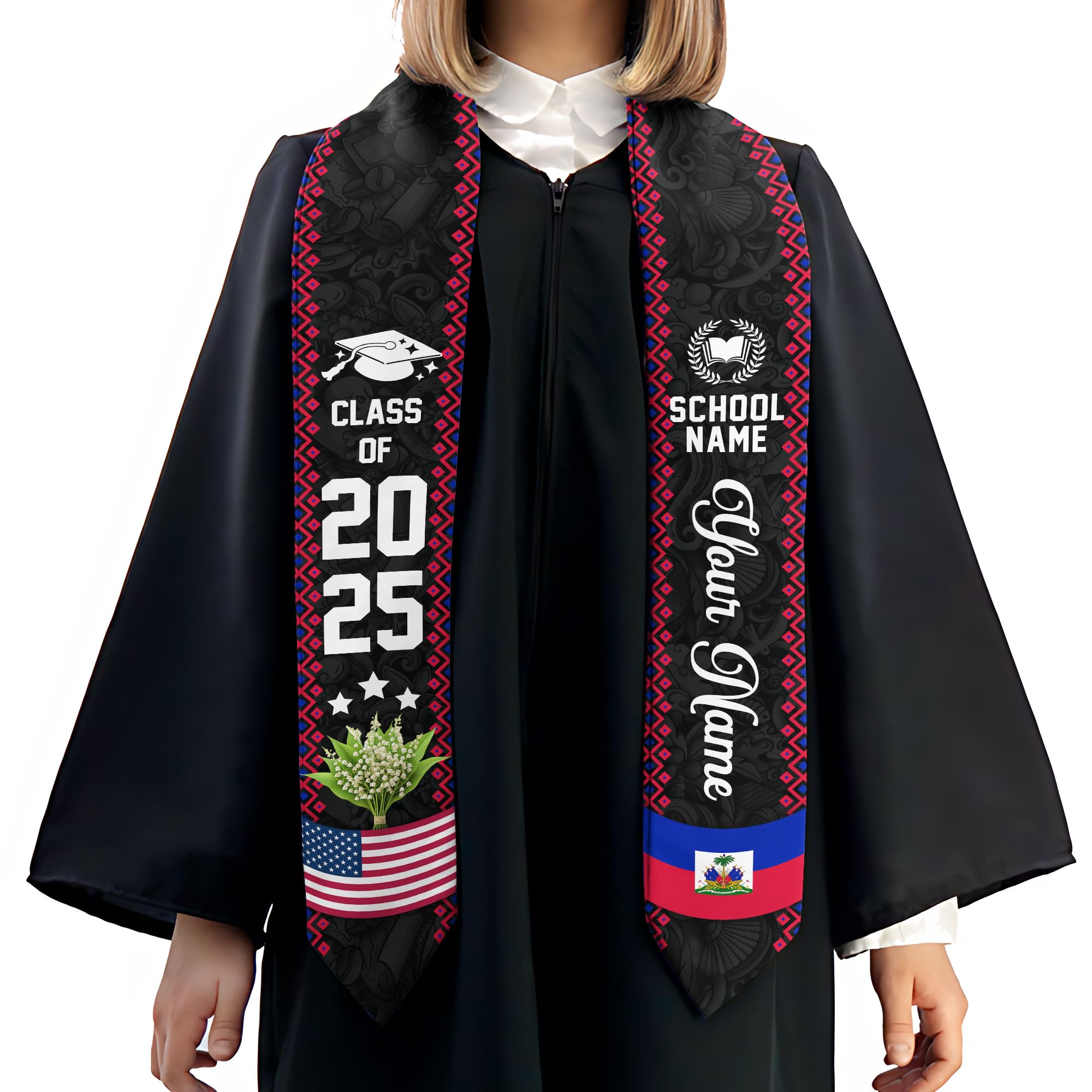MonkeyVan Custom Haitian Graduation Sash 2025,Personalized Haiti Flag Graduation Stole,Haitians American Flag Graduation Sash S32