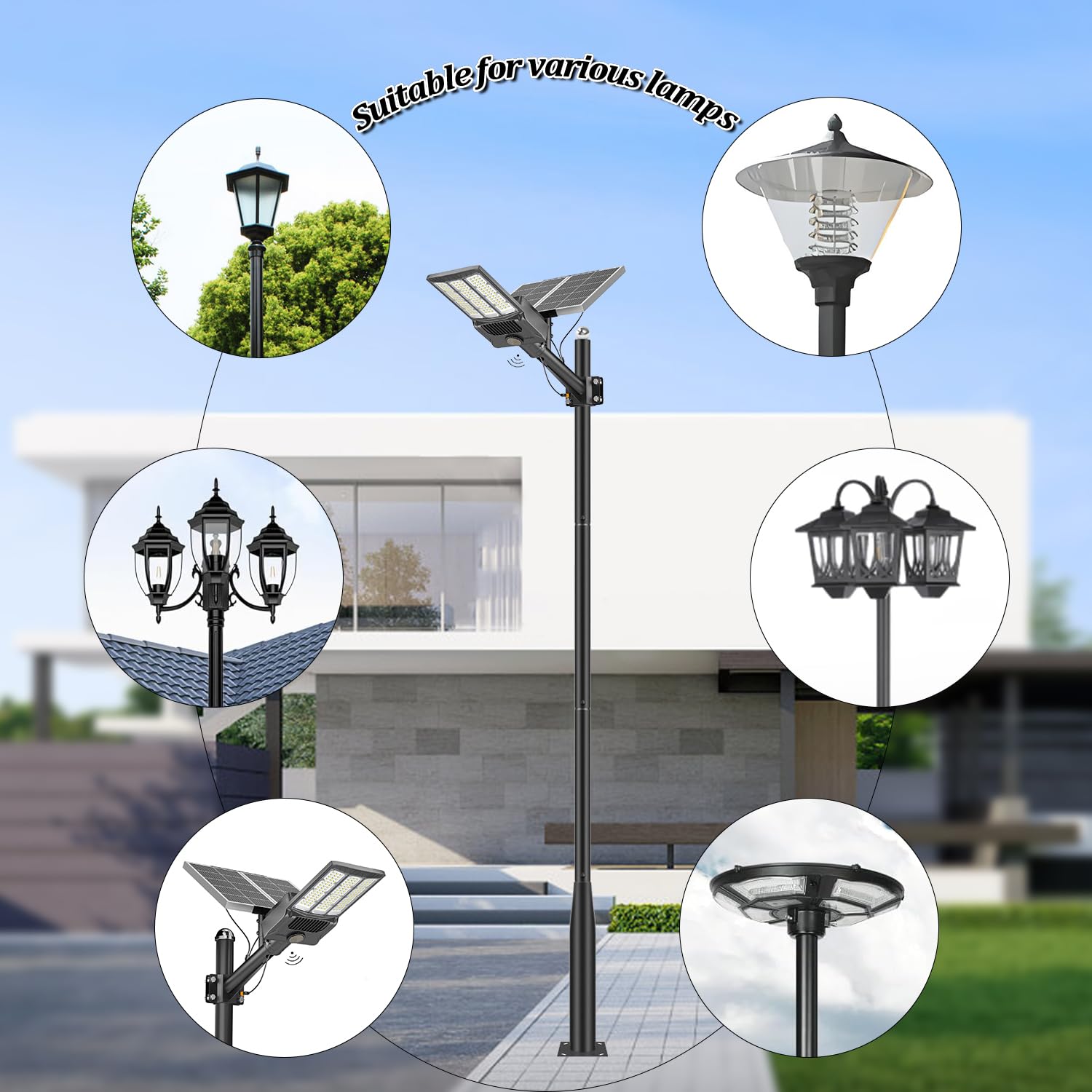 Solarny słup oświetleniowy 4 m, odporny na warunki atmosferyczne, ze stalowymi kotwami, na patio, podwórko, parking, podjazd i ścieżki, 4 m