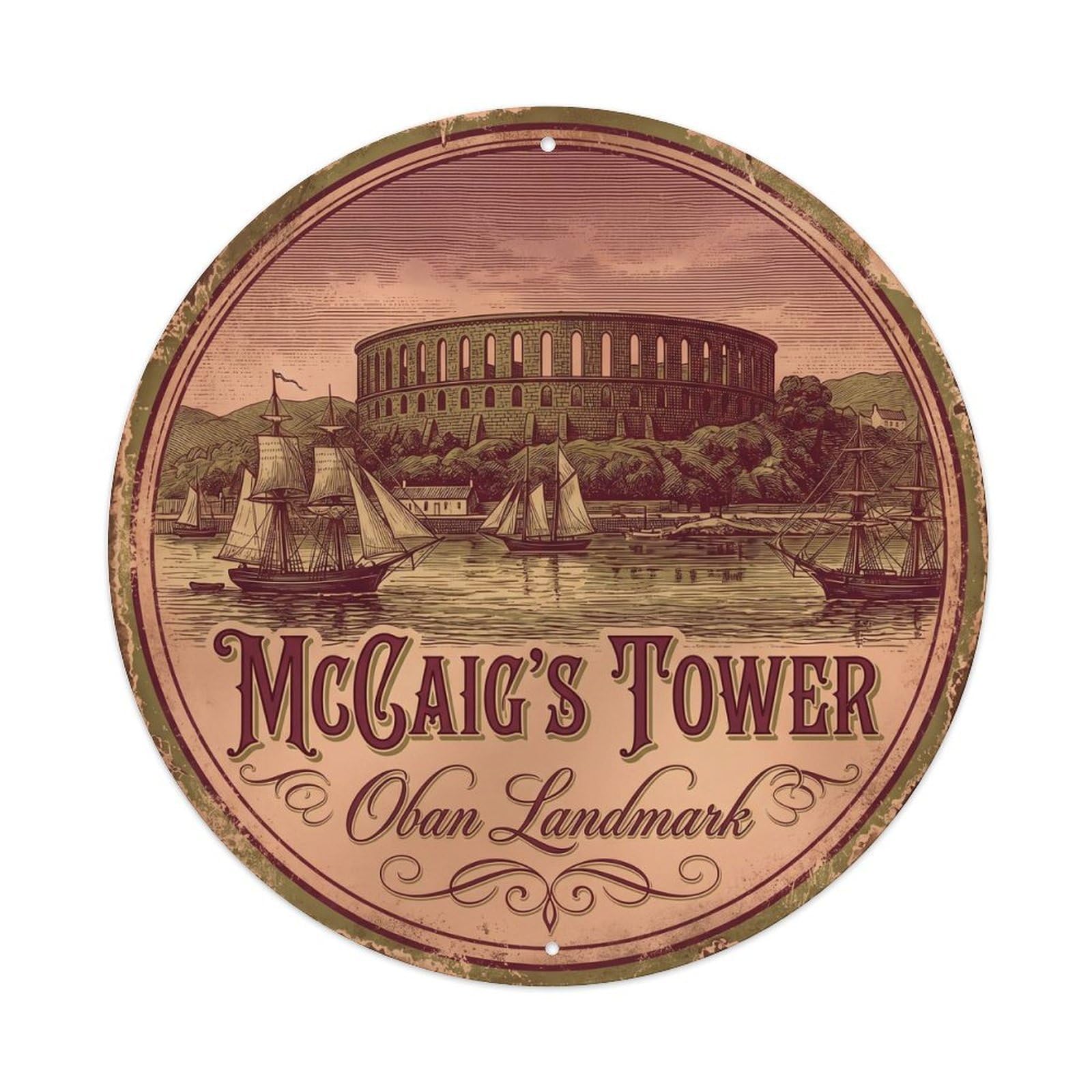 Cmhok Vintage Style-14 Vintage Travel Mccaig Tower Oban Artwork Metal Tin Sign Plaque Wall Decor For Cafe, Club, Garden Round Metal Poster 8X8inch