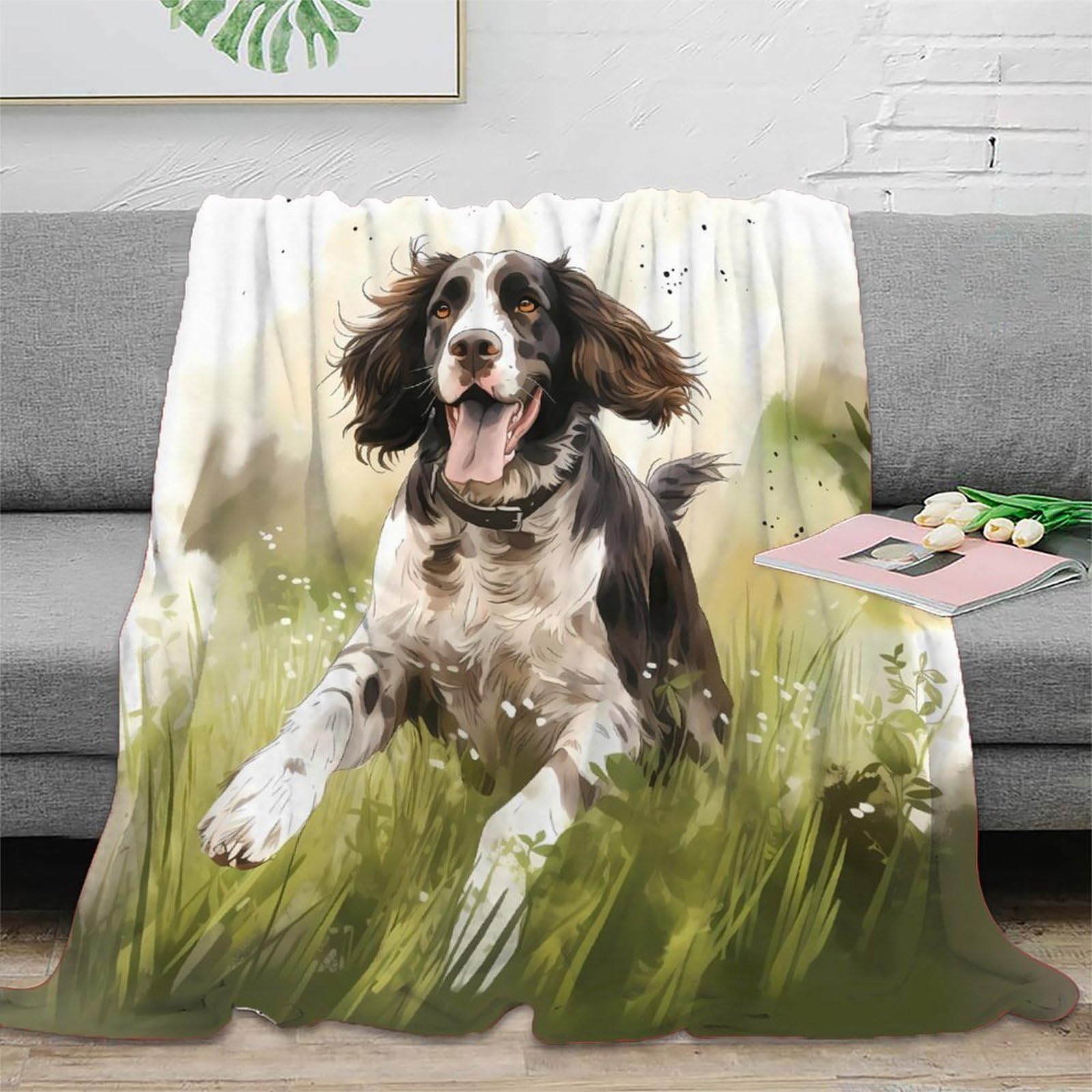 FLKZRNDP 3D Printed springer spaniel Living Room Throw Microfiber Soft Warm Bedding Breathable artistic dog portrait Cozy Throw Blanket for Housewarming New Homeowners 40x50inch(100x130cm)