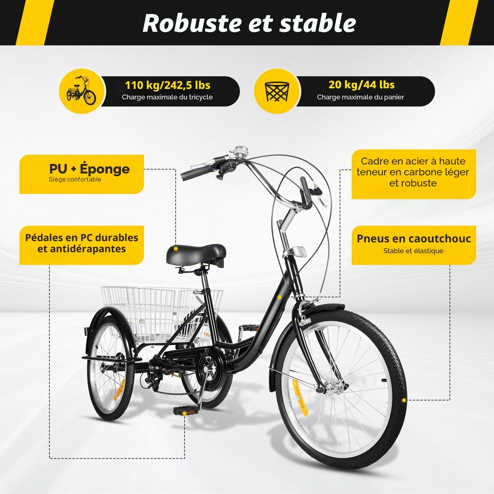 Tricycle de 20 pouces pour adulte - 8 vitesses - En acier au carbone - Peut supporter 110 kg - 3 roues - Avec panier à provisions - Tricycle pour personnes âgées (155-180 cm)