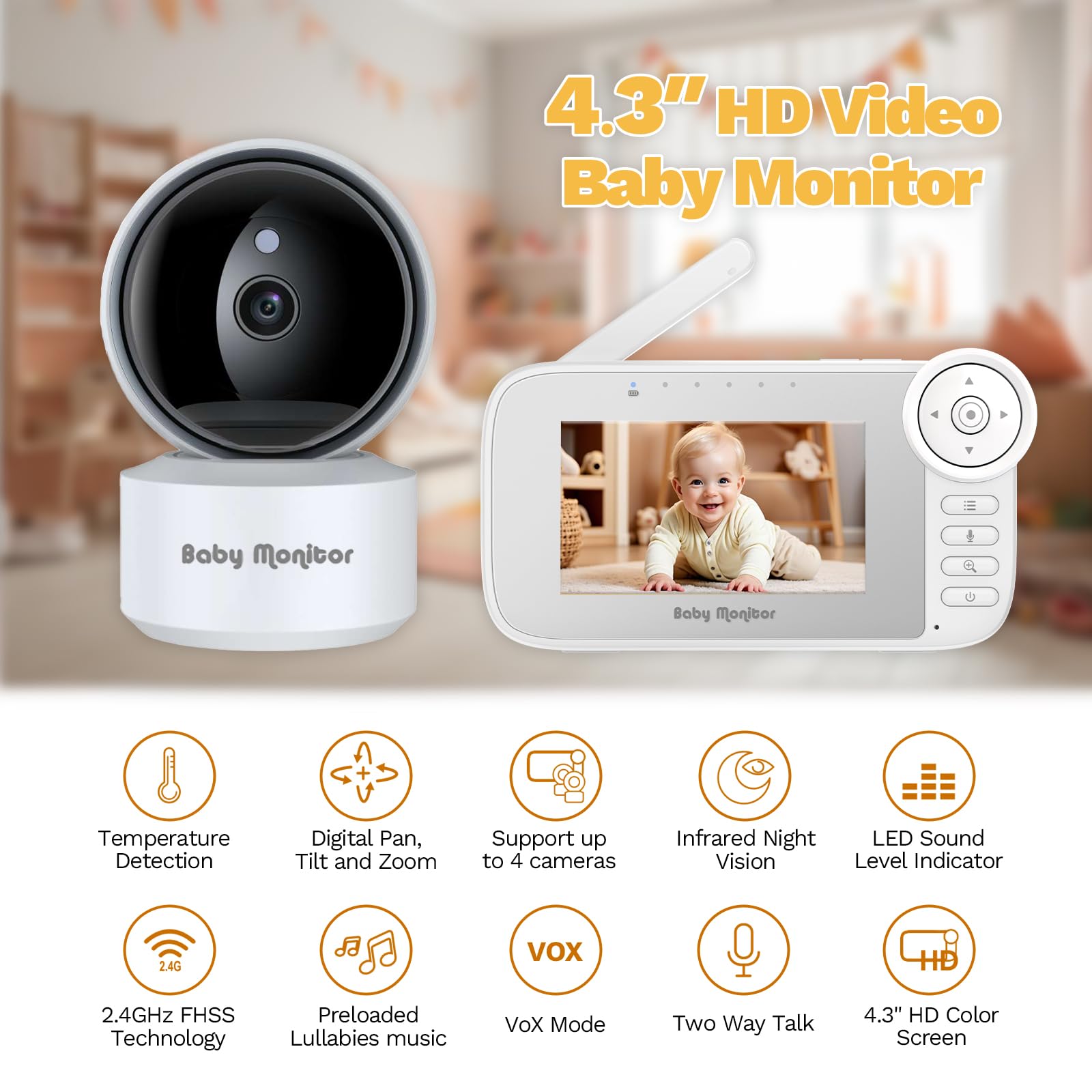 Monitor de video para bebé con cámara, detección de llanto, sensor de temperatura, visión nocturna, pantalla de 4.3 pulgadas, 10 canciones de cuna, alerta de alimentación de bebé, zoom digital