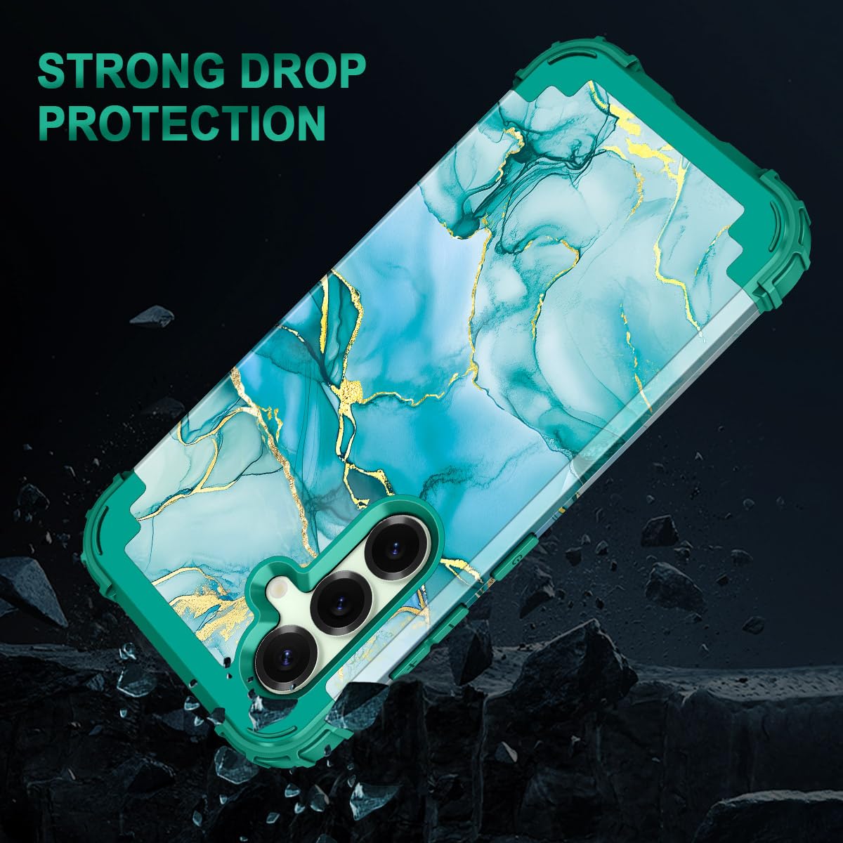 Miqala Custodia per Galaxy S25 5G, a tre strati, resistente, antiurto, protezione completa in plastica rigida+custodia protettiva in silicone morbido per Samsung Galaxy S25 da 6,2 pollici, marmo verde