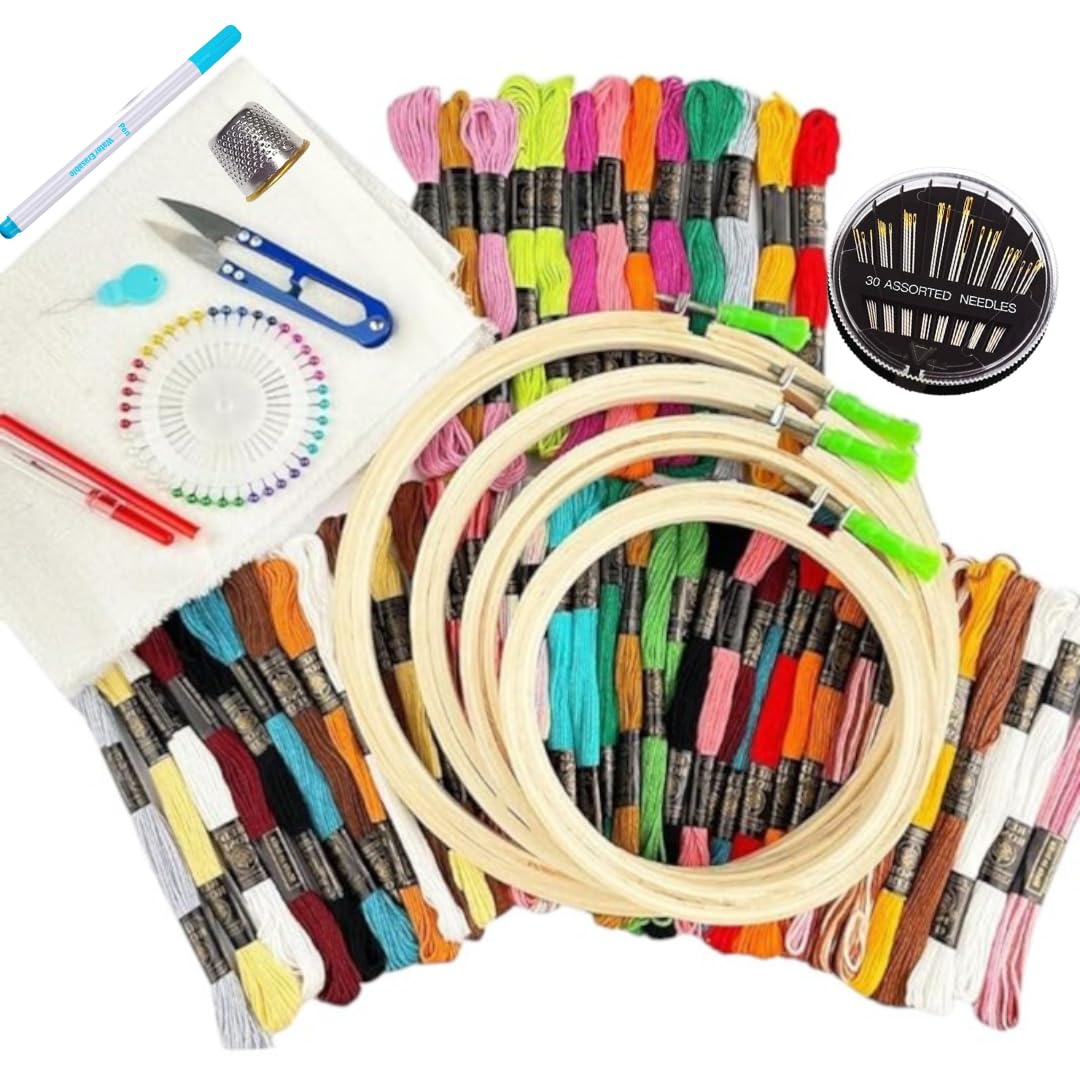 KHUSHA CREATIONS Embroidery Materials Kit New,50 Colour Threads,4 Pcs Wooden Hoops (8,7,6,5 inch),2 Pcs Embroidery Cloth Embroidery Beginner Supplies Tool Kit-picture-22