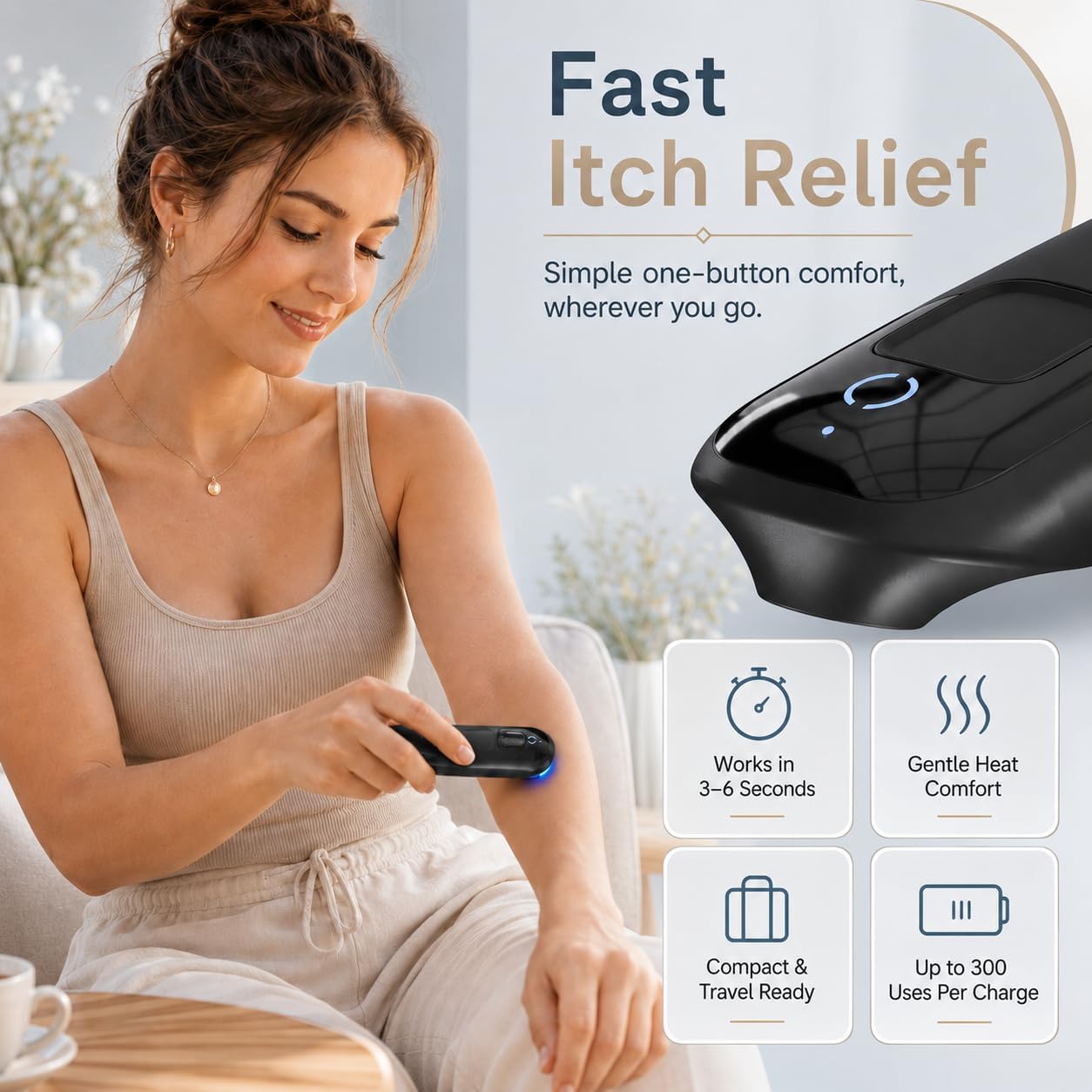 AT02 Bug Bite Itch Relief Tool, Chemical-Free Mosquito Bite Relief Device with Built-in Night Light, Dual-Mode Heat After Bite Itch Relief Pen for Insect Bites, Camping & Home Use (Black, AT02)