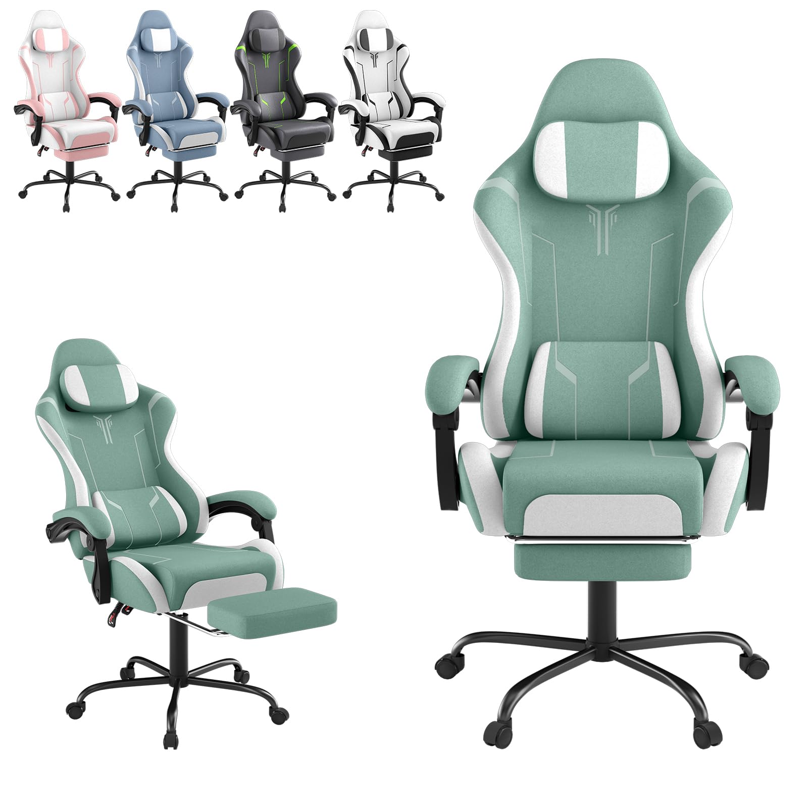 Silla de gaming con reposapiés y reposacabezas, silla ergonómica para gaming con cojín lumbar de masaje, respaldo ajustable 90-135°, reposabrazos acolchados para gamer - Verde