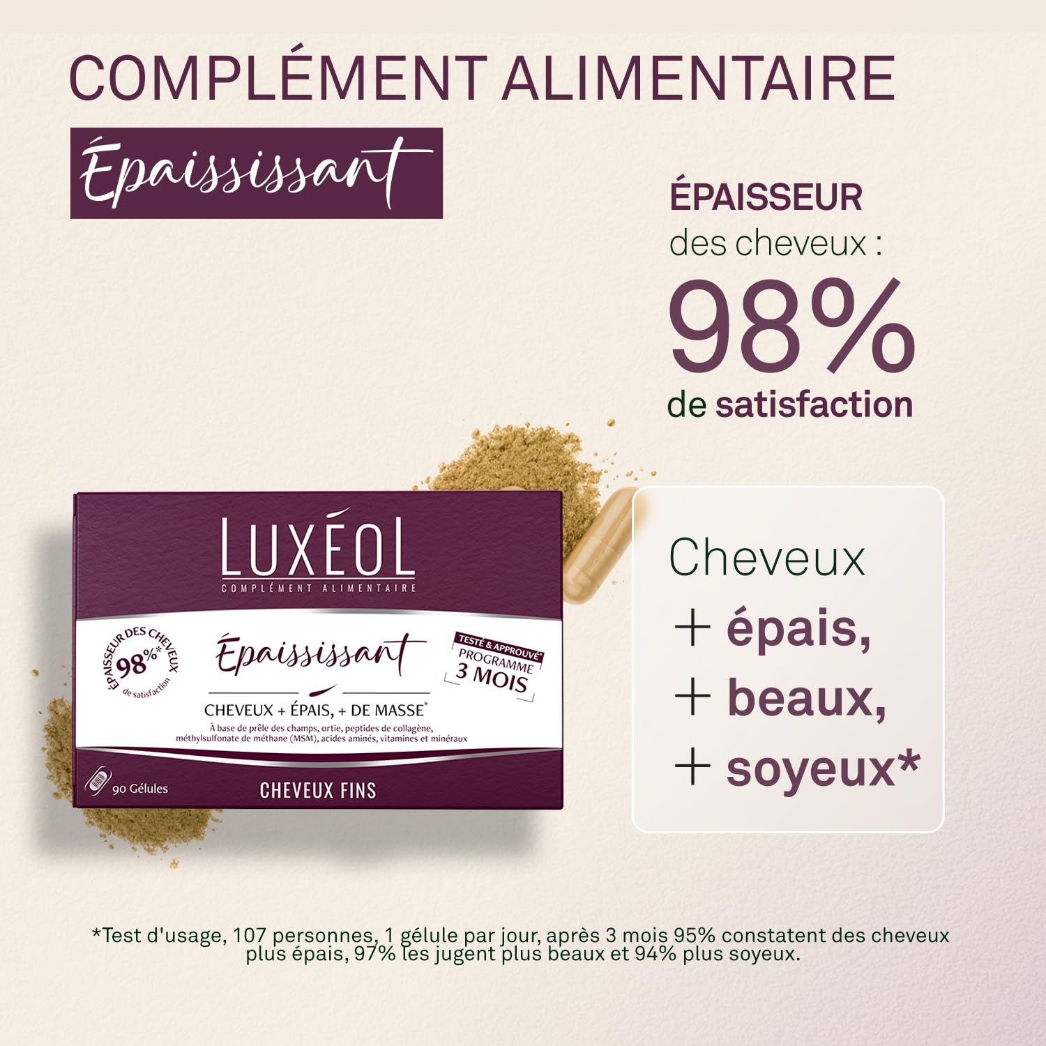 LUXEOL - Routine Epaississante In & Out - Cheveux Gras - +35% D'Epaisseur Dès la 1ère Utilisation* Shampooing + Conditionneur sans rincage+ Sérum + Complément alimentaire - Fabriqué en France