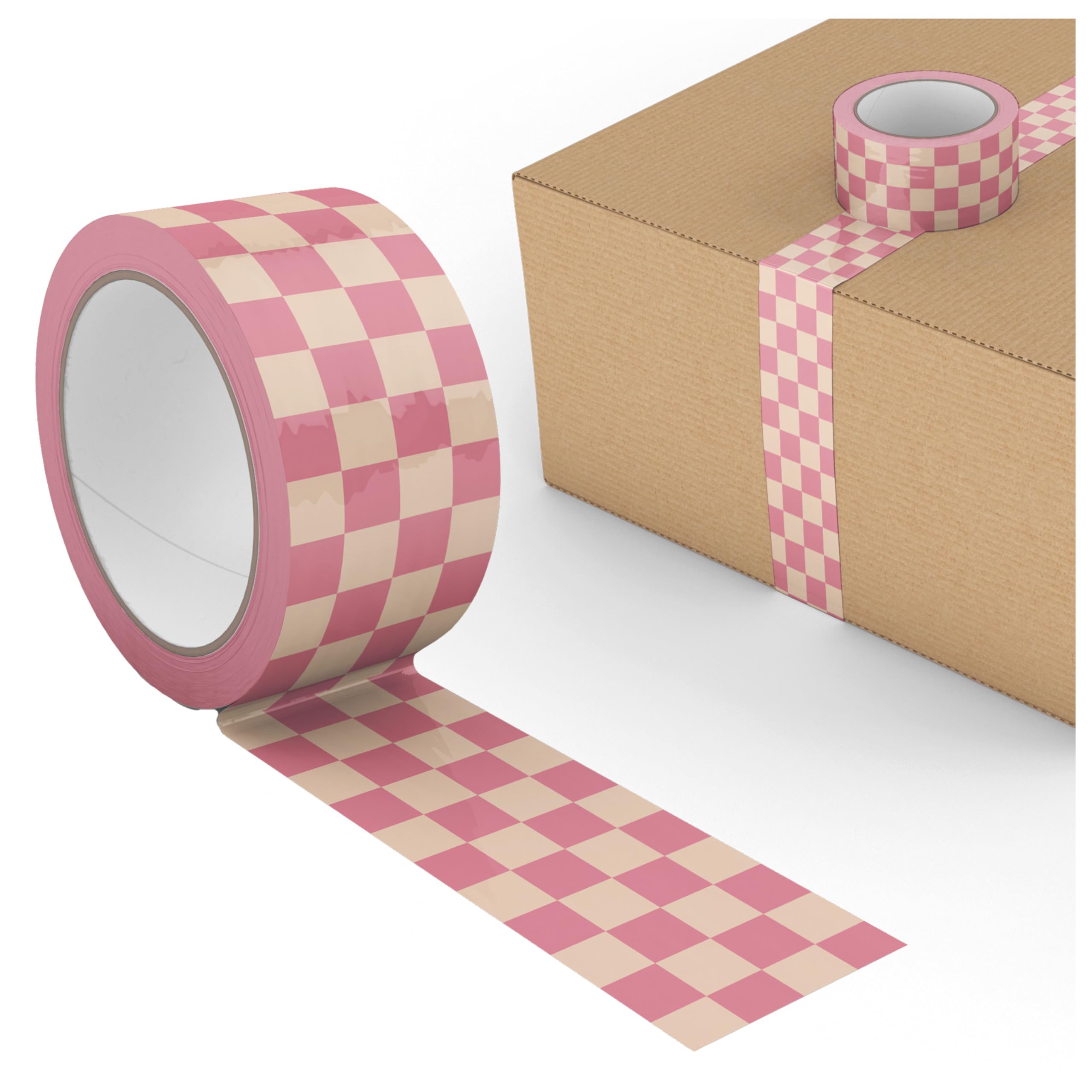 Cute Pink Decorative Printed Packaging Tape, Checkerboard Pattern Packing and Shipping Tape for Small Business Packaging Supplies, Heavy-Duty 2.6mil, 1.88" x 110 Yards (330 feet)