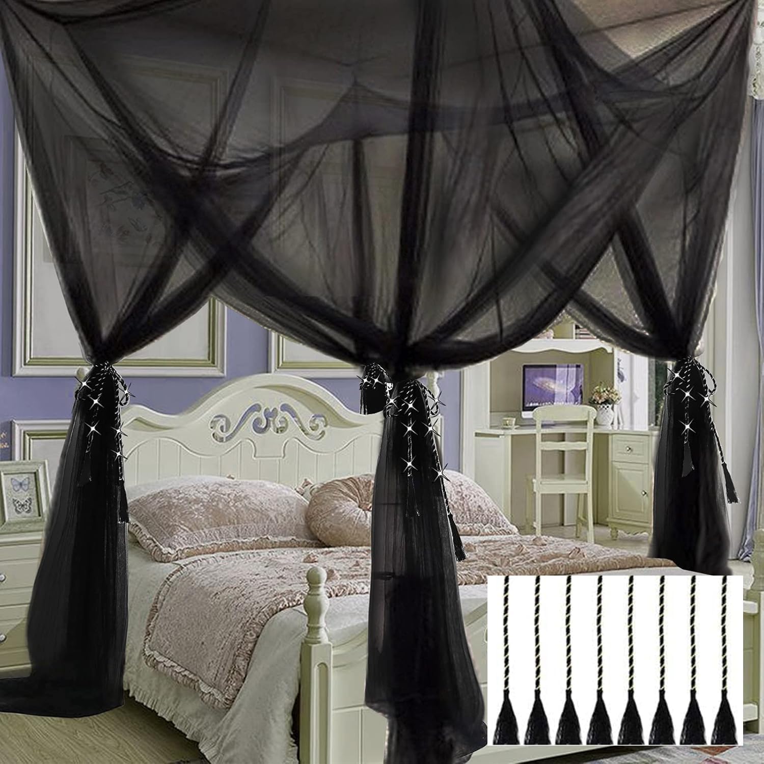 Mosquito Net Bed Canopy for Girls,King Canopy Bed Curtains Queen Size from Ceiling,Dome Mosquito Netting Bed Tent Twin Girls Canopy Bed Decor for Baby Crib,Kid Bed and Adult Beds (Black Square)