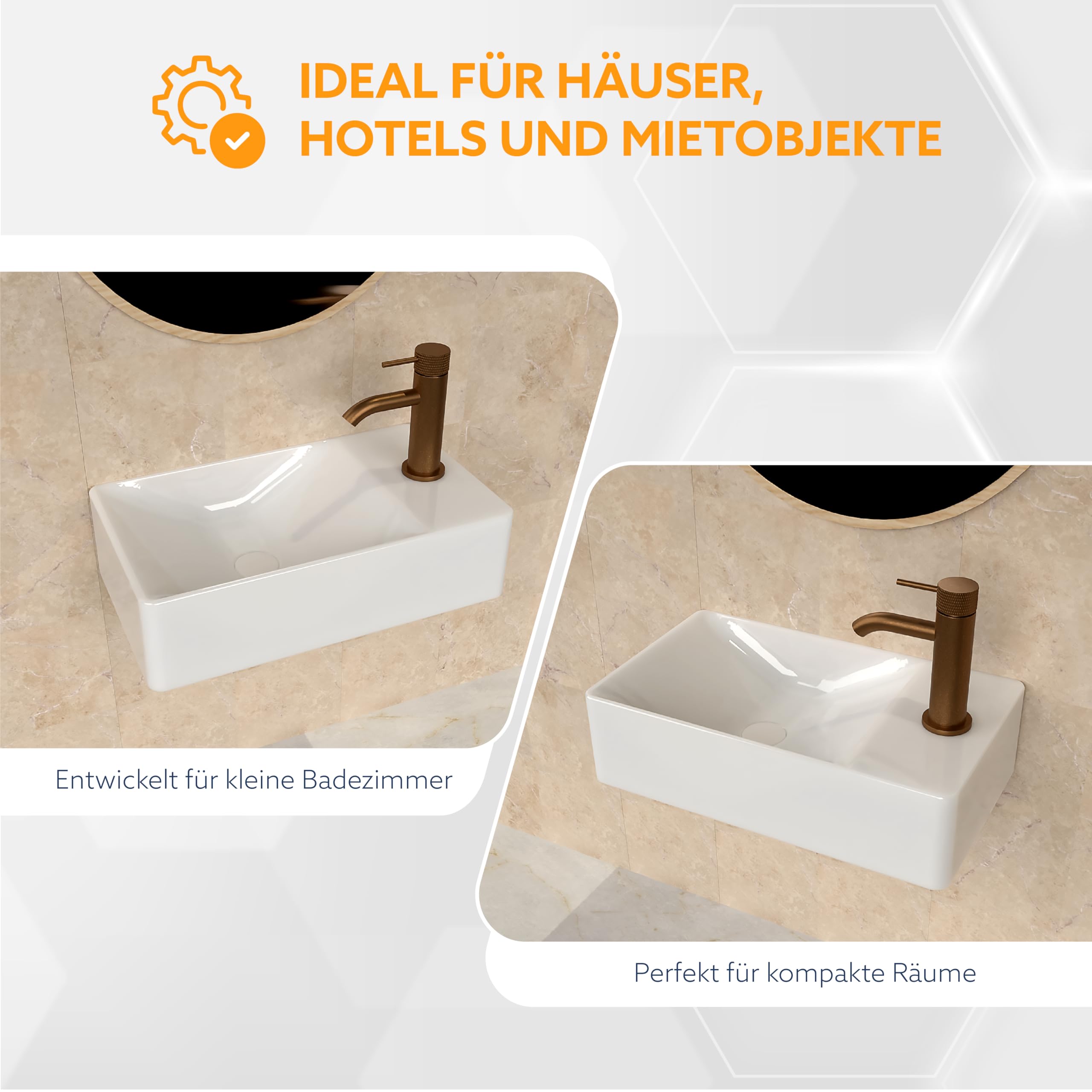 HOGART Lavabo Piccolo Bagno in Ceramica 38x22cm con Vasca a Sinistra – Lavandino Rettangolare Compatto Salvaspazio, Foro Rubinetto Senza Troppopieno, Sospeso o da Appoggio per WC Ospiti, Bagni Moderni
