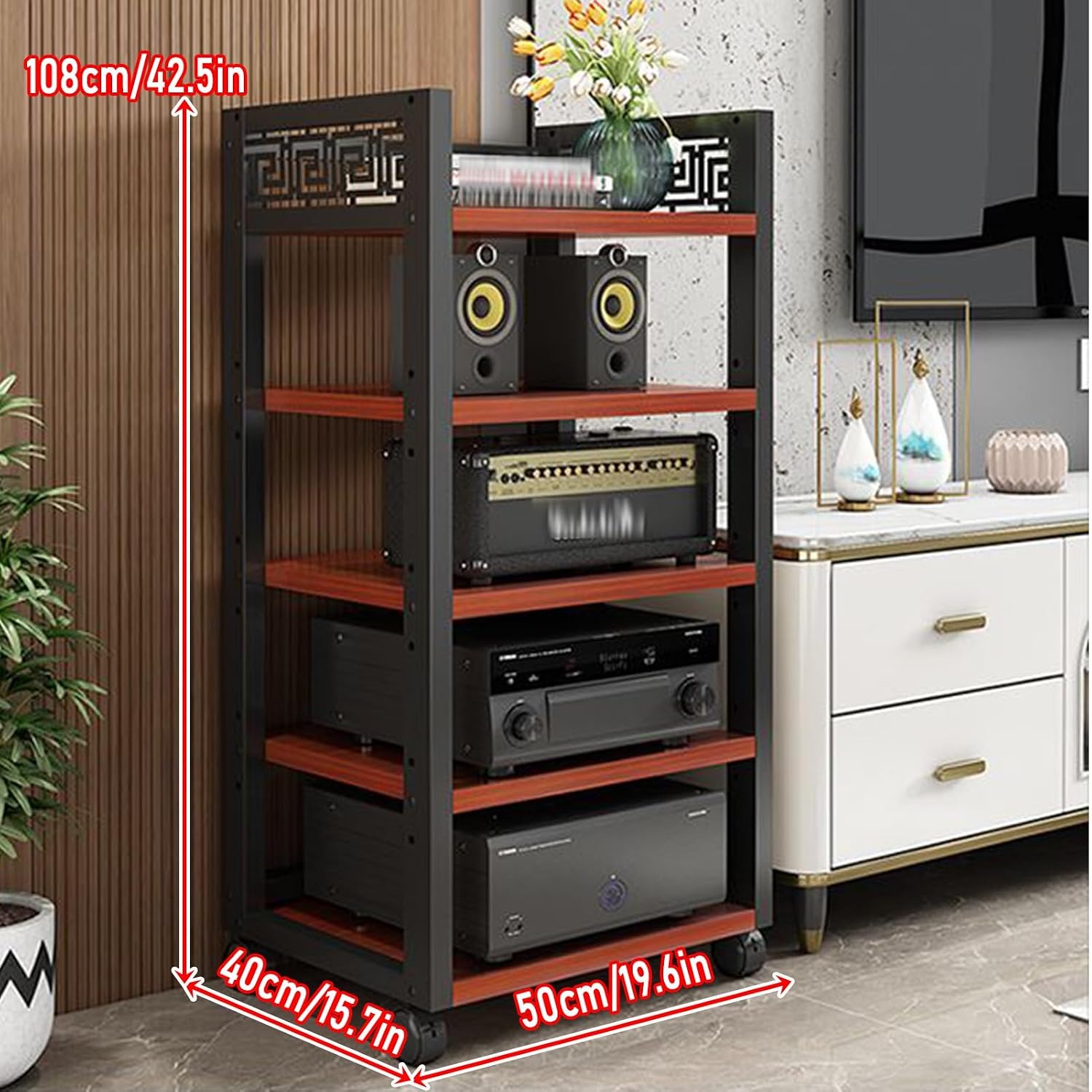 5 Tier AV Media Stand, Stereo Cabinet with Adjustable Shelves, Open Storage TV Stand, Audio Rack for Living, Gaming, Recording Room(Red)