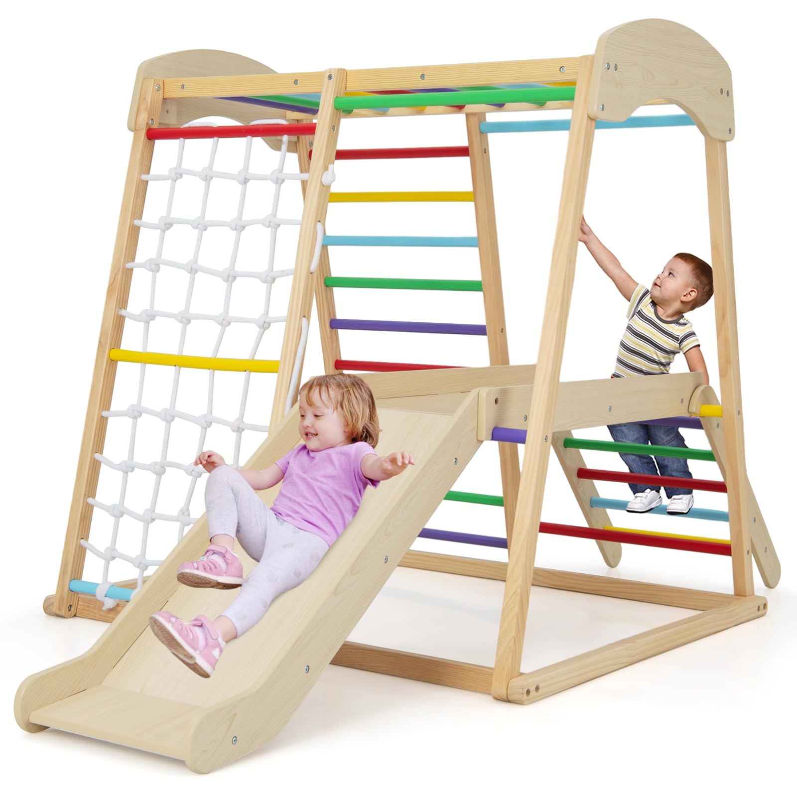 GYMAX 6 in 1 Kids Climbing Set, Wooden Toddler Climber with ASlide, Climbing Ladder/Net and Monkey Bars, Indoor Playground Children Climbing Frame for 1 Year Olds + Boys Girls