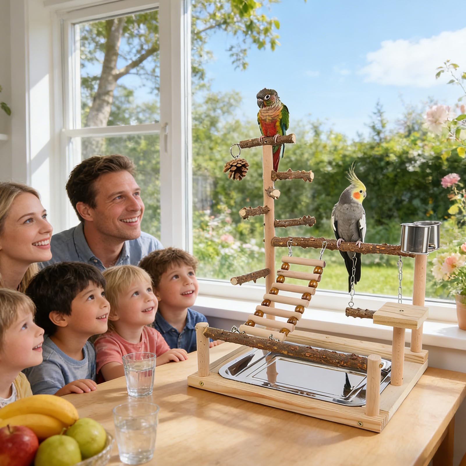 Parque De Juegos De Periquitos Parque de Juego de Madera | Soporte De Perchas Para Aves Con Tazón Y Bandeja De Acero Inoxidable Para Cotorras Pinzones Agapornis Entrenamiento
