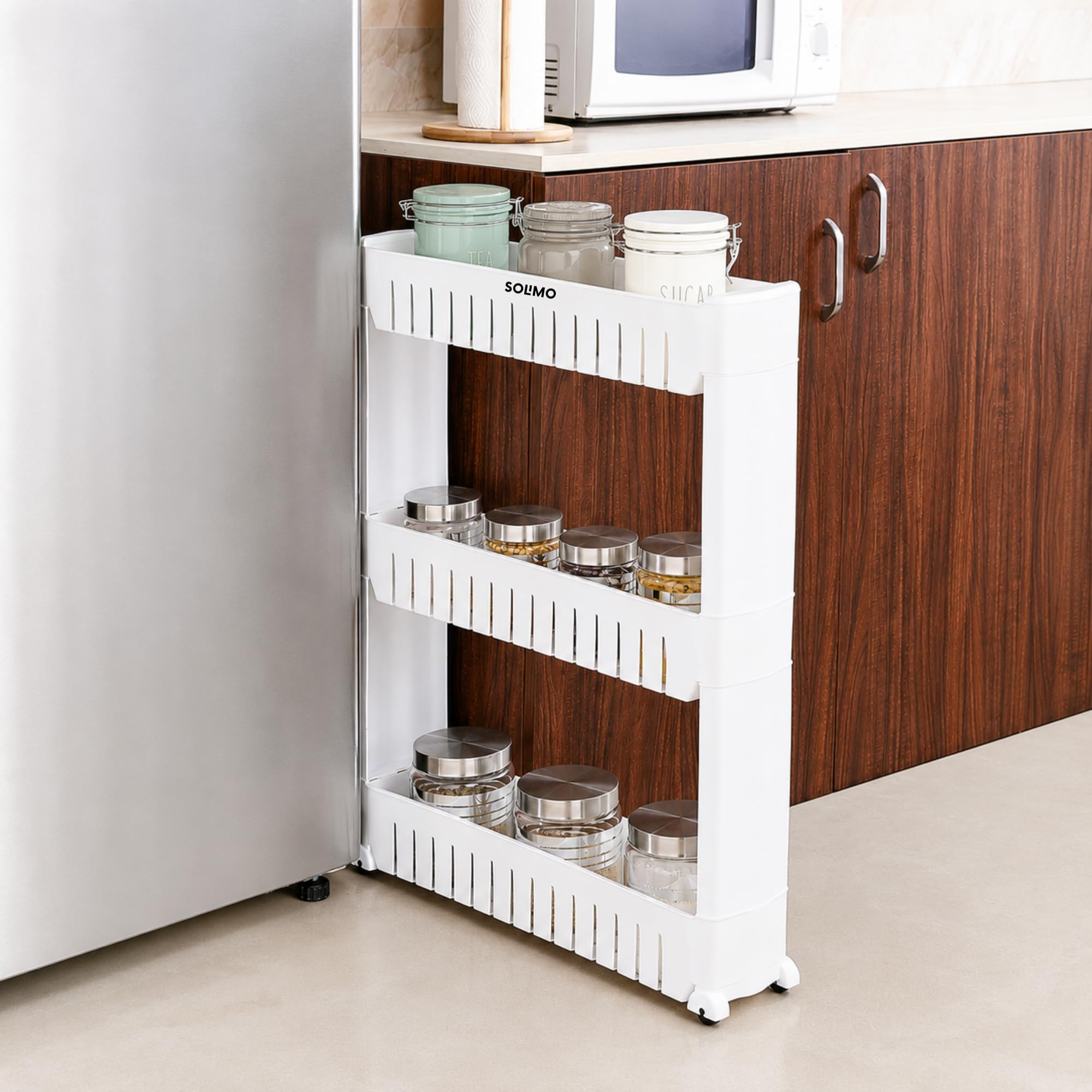 Amazon Basics Slim Rolling Storage Rack – 3-Tier Plastic Slide-Out Organizer for Kitchen, Bathroom, Laundry Room – Space-Saving Multipurpose Shelf for Pantry & Utility Storage (White)-image-23