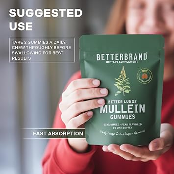 Betterbrand Respiratory Support Mullein Gummies, 2000mg, Pear Flavor | 50:1 Extract, Supports Lung Cleanse, Wellness Support, Detox & Respiratory Health, Chewable Respiratory Supplement