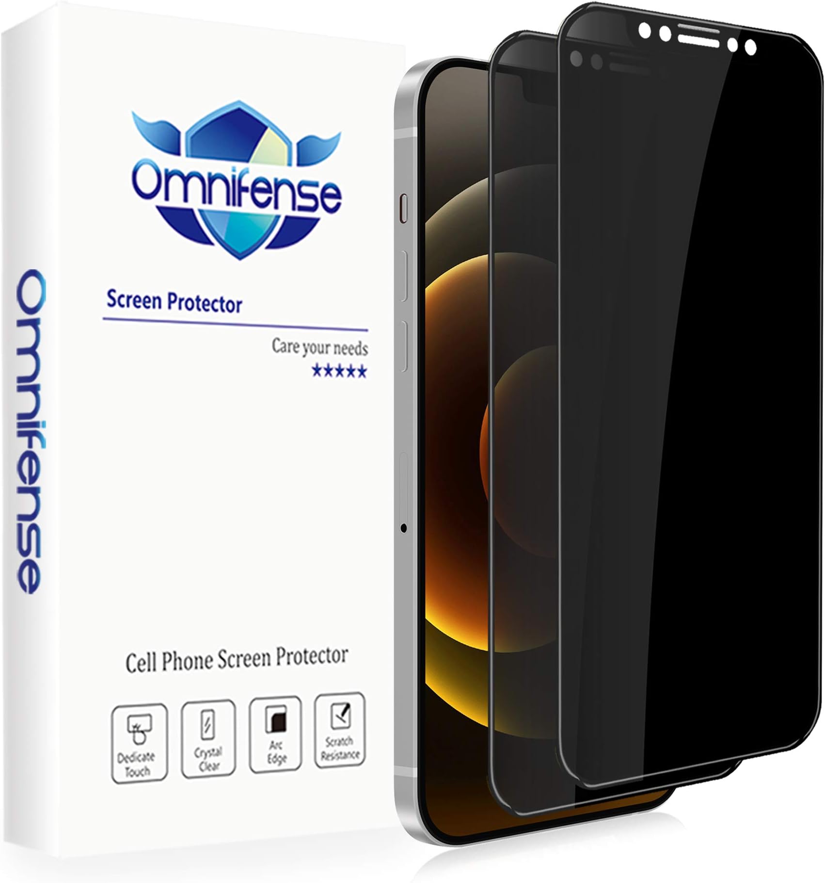 Omnifense 4 Way 360° Privacy Tempered Glass Screen Protector Designed for iPhone 12 Mini [5.4" ] (2020), Horizontal and Vertical Anti Spy 9H Scratch Resistant Case Friendly, 2 Pack