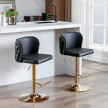 Leather Bar Stools Set of 2, Swivel Barstools bar Height Adjustable Counter Stool with Back Button Tufted Wingback and Gold Chrome Metal Leg, Bar Chairs for Kitchen Island Dining Room Pub, Black.
