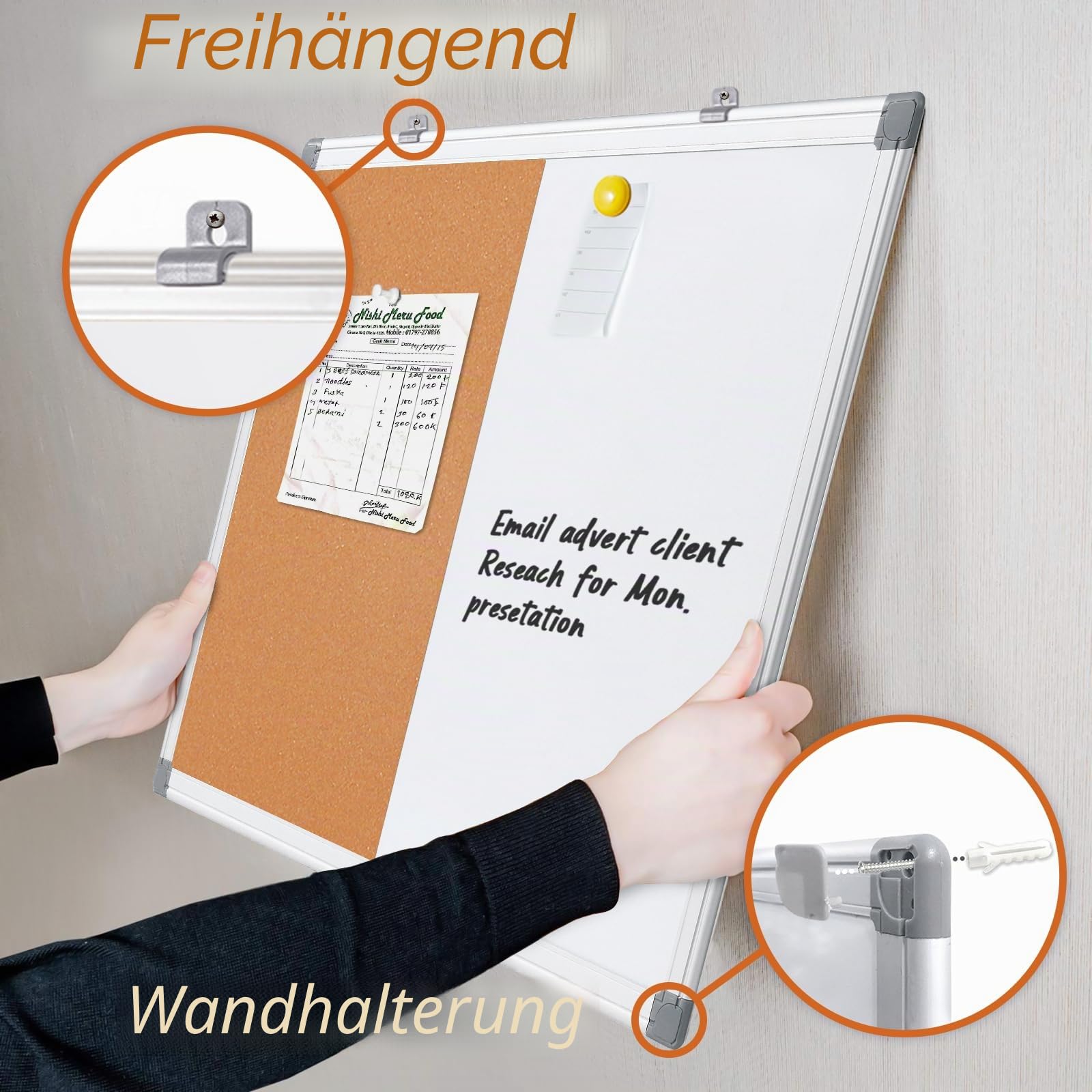 Swansea Whiteboard Magnettafel und Pinnwand Kork mit Aluminiumrahmen für Wohnung, Büro, Küche und Schule, 120x90cm