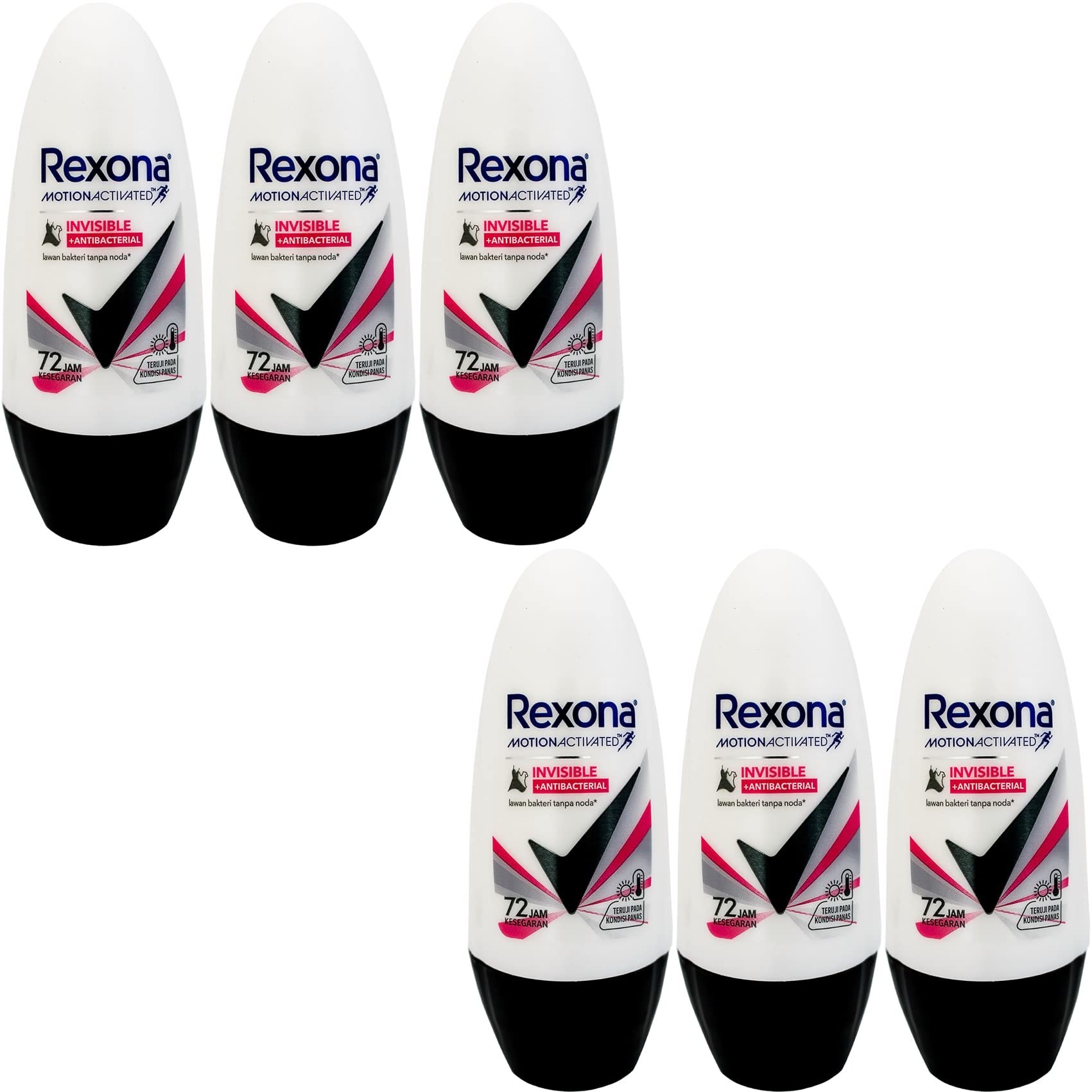 Rexona Lexona Women's Antiperspirant Deodorant Roll On Invisible + Anti-Bacterial All-in-One Bulk Set 45ml x 6 Pieces